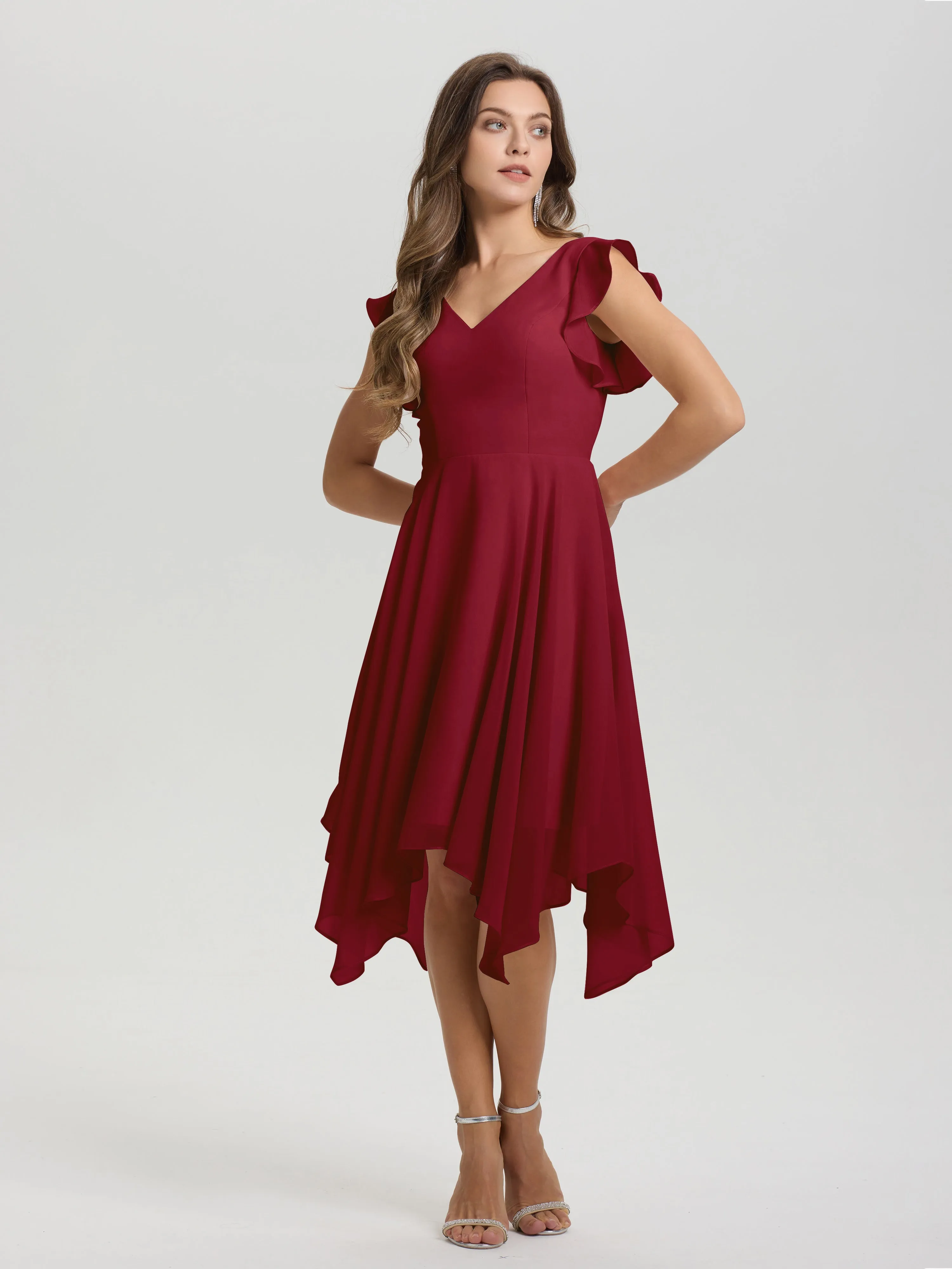 Ruffle Sleeves V-neck Asymmetrical Tea Length Chiffon Bridesmaid Dresses