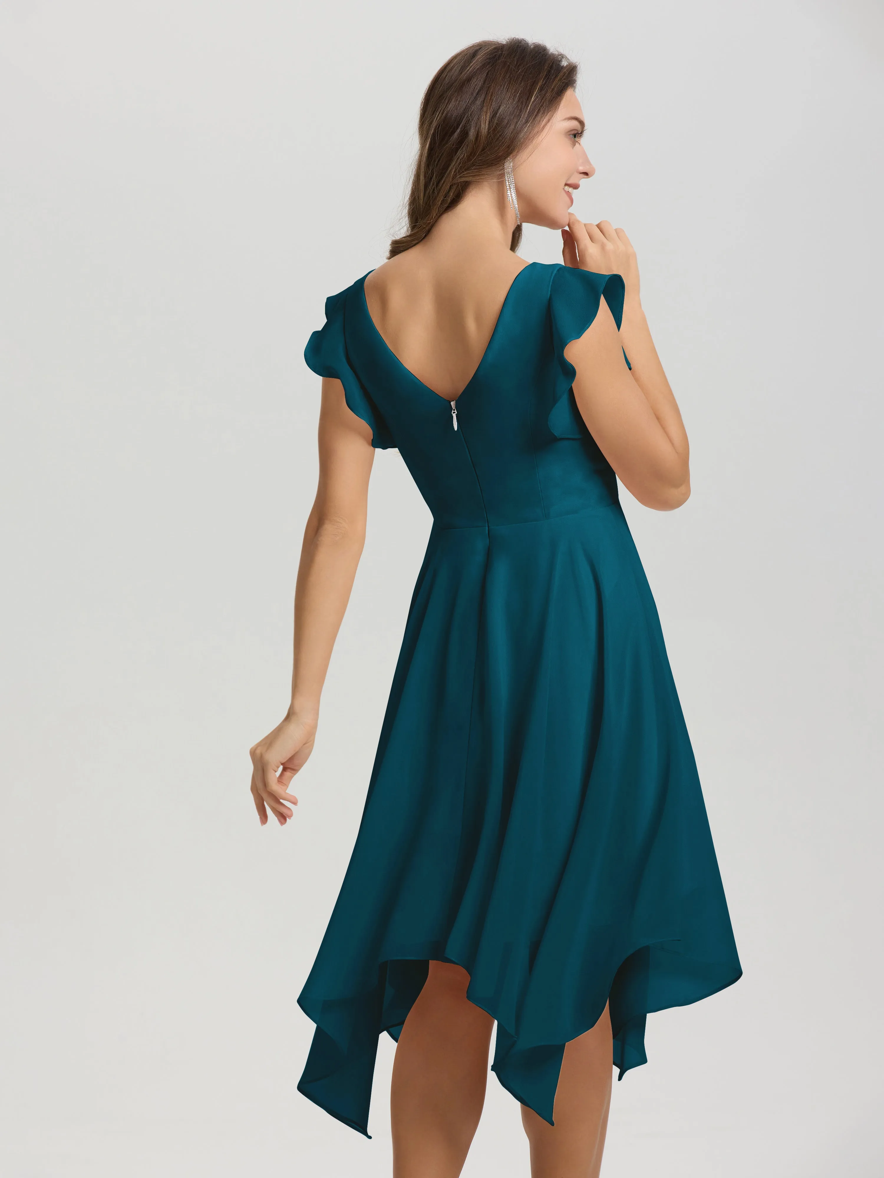 Ruffle Sleeves V-neck Asymmetrical Tea Length Chiffon Bridesmaid Dresses