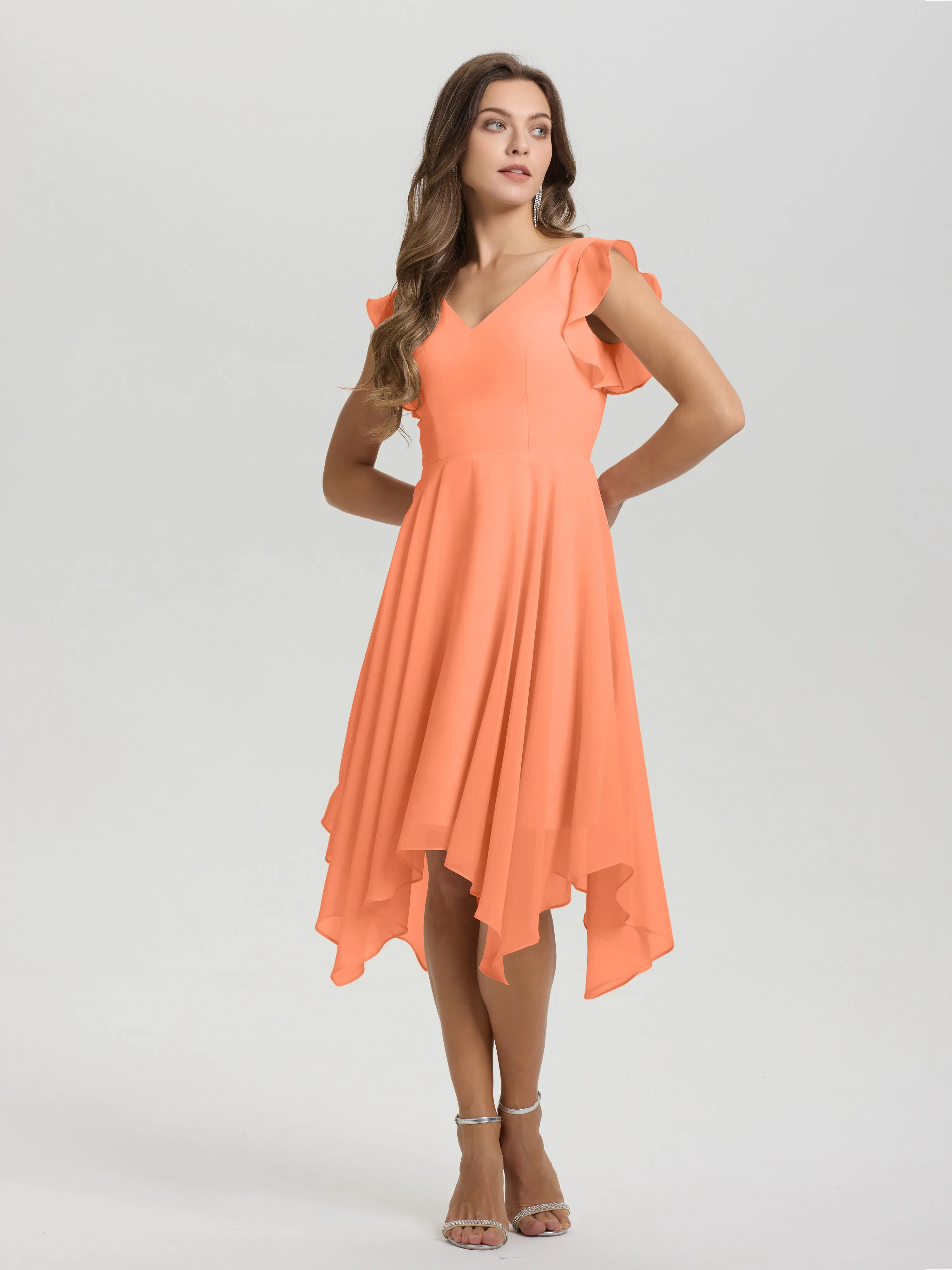 Ruffle Sleeves V-neck Asymmetrical Tea Length Chiffon Bridesmaid Dresses