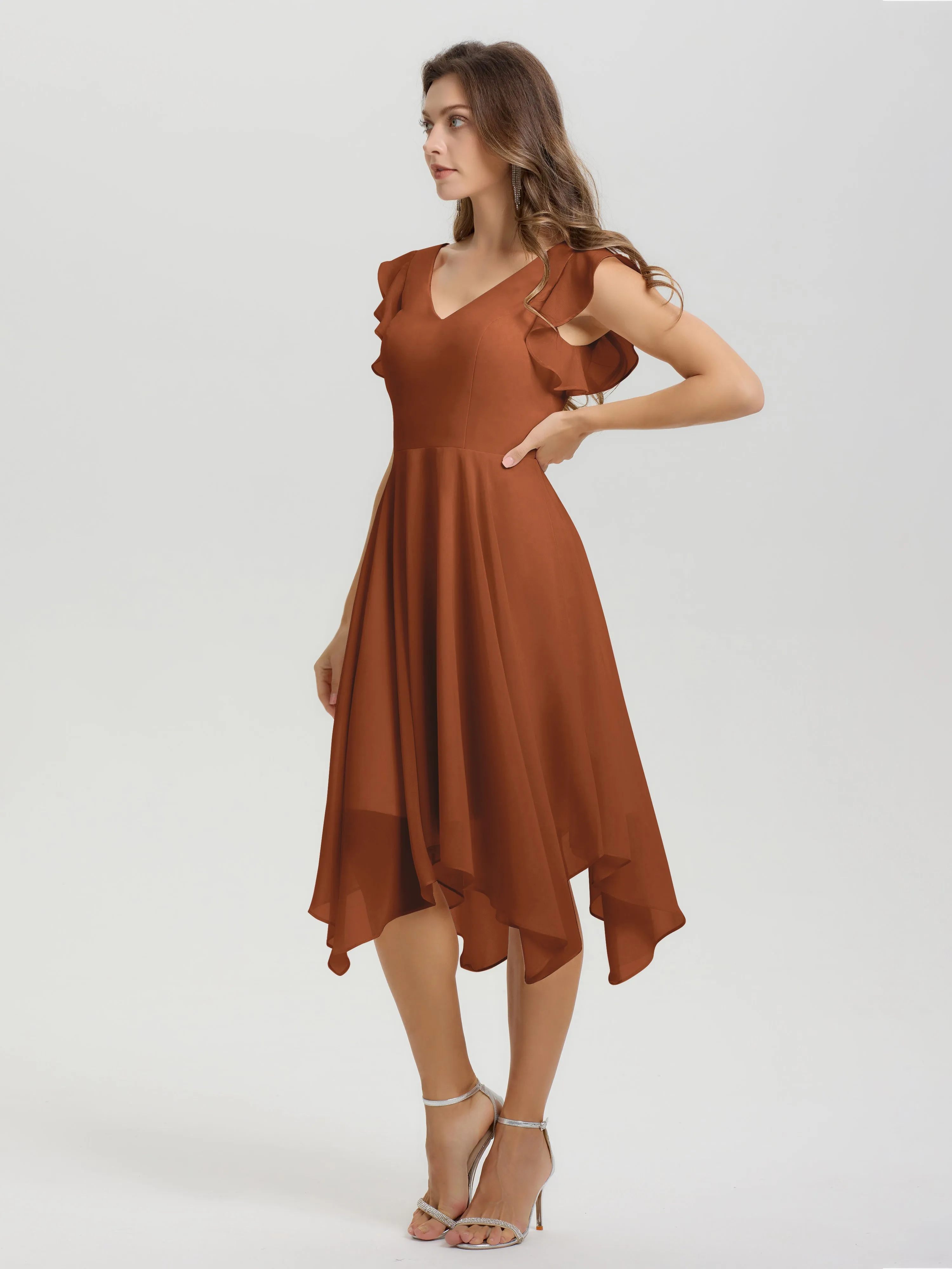 Ruffle Sleeves V-neck Asymmetrical Tea Length Chiffon Bridesmaid Dresses