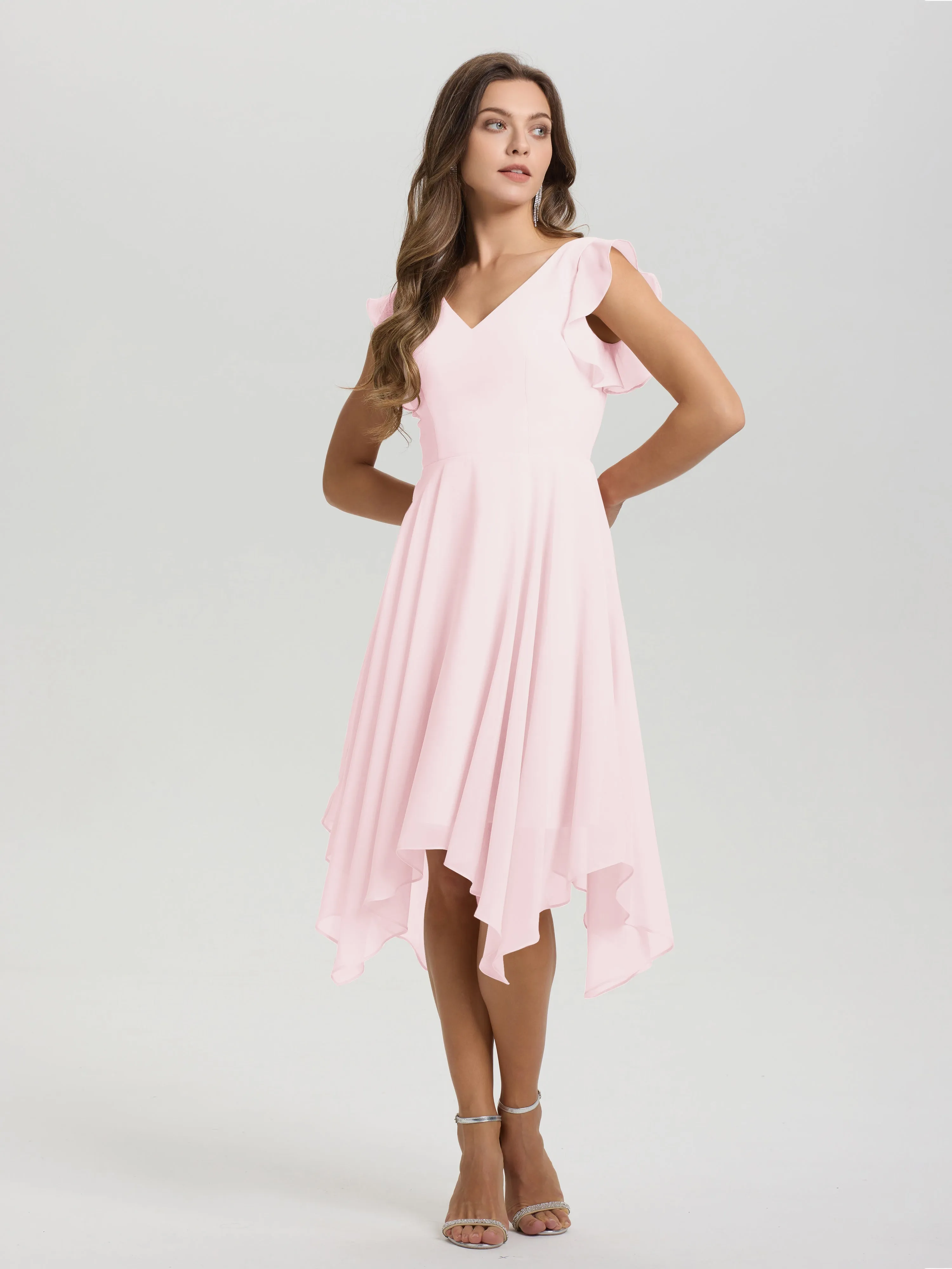 Ruffle Sleeves V-neck Asymmetrical Tea Length Chiffon Bridesmaid Dresses