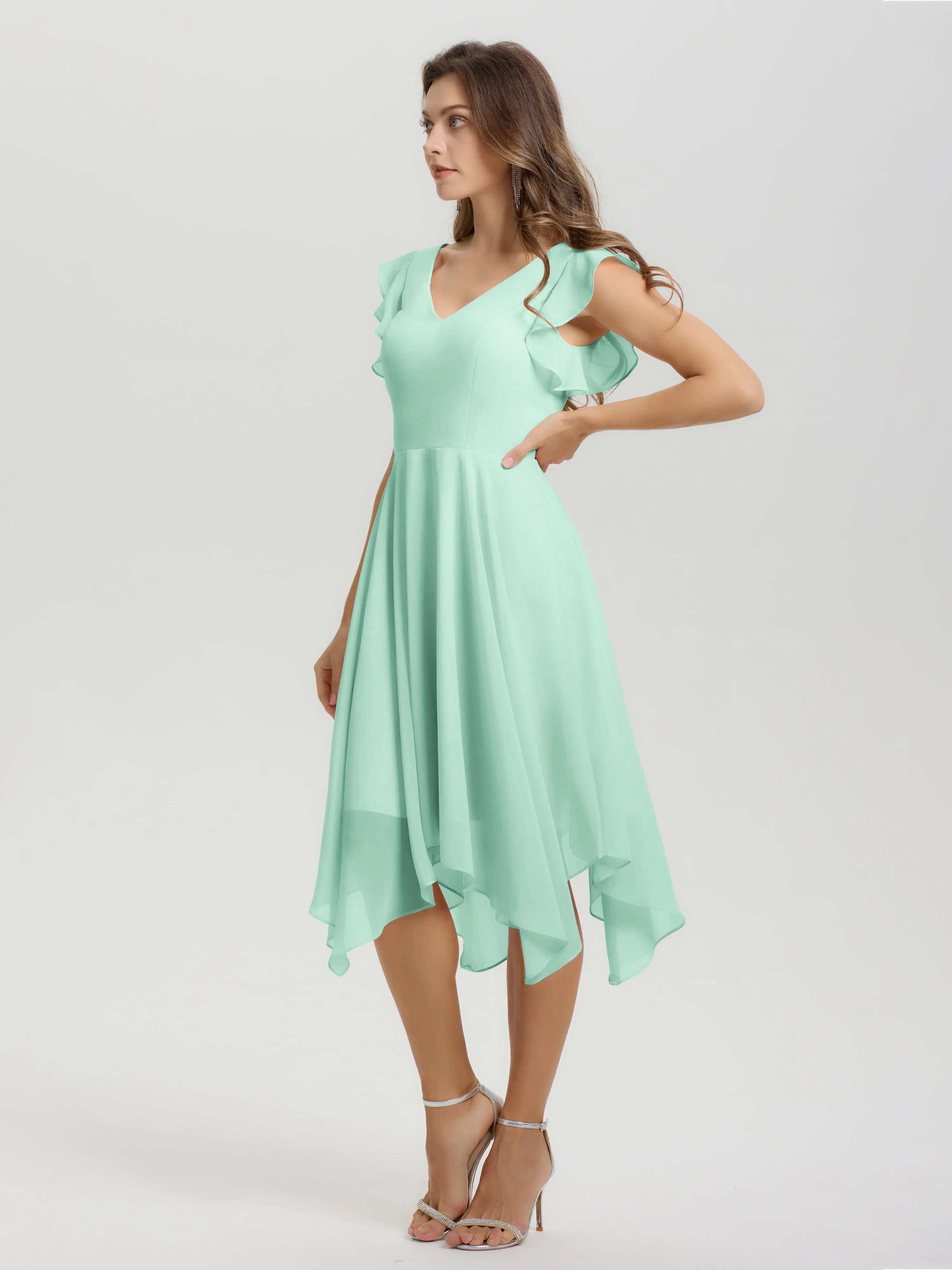 Ruffle Sleeves V-neck Asymmetrical Tea Length Chiffon Bridesmaid Dresses