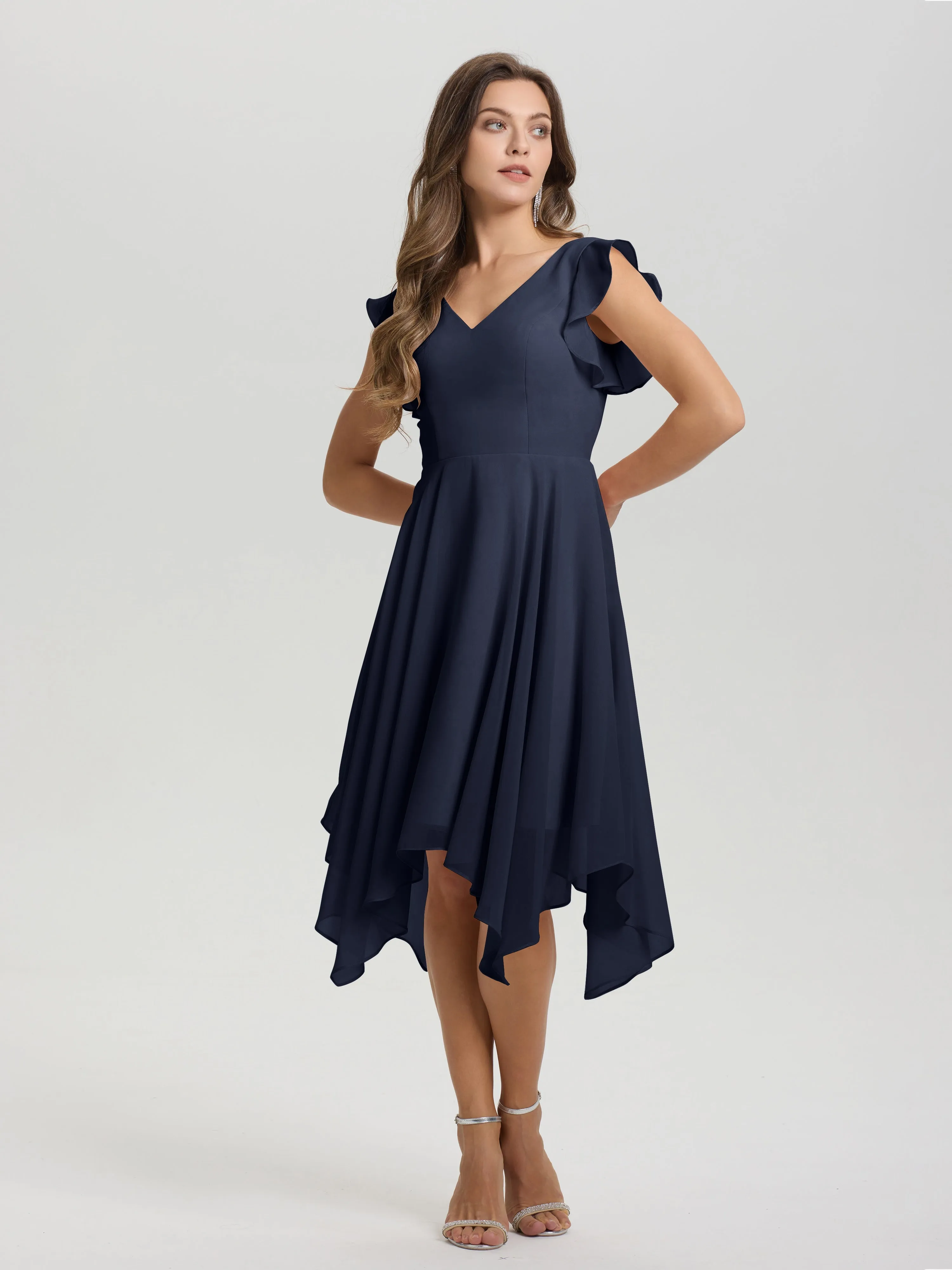 Ruffle Sleeves V-neck Asymmetrical Tea Length Chiffon Bridesmaid Dresses