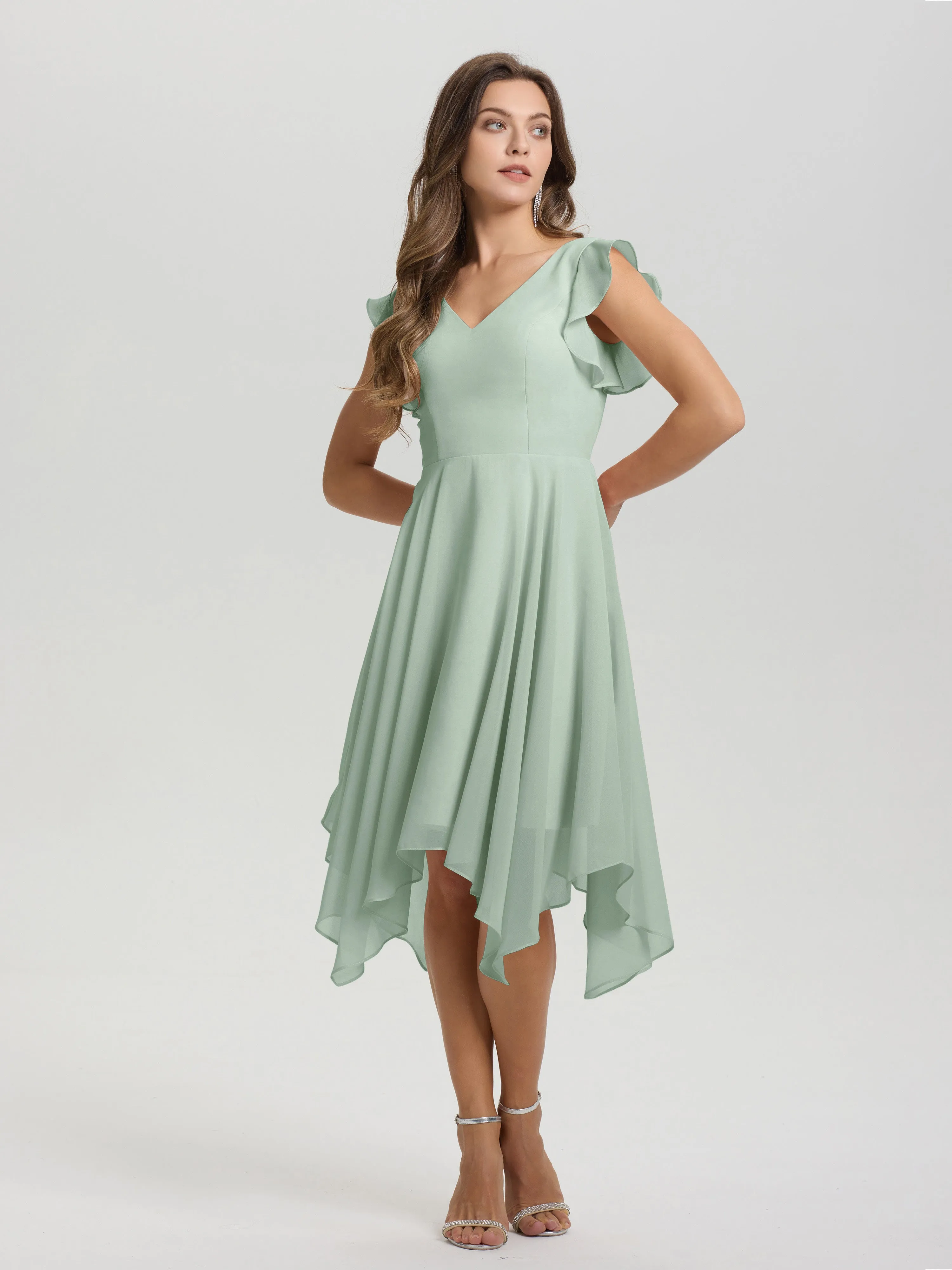 Ruffle Sleeves V-neck Asymmetrical Tea Length Chiffon Bridesmaid Dresses