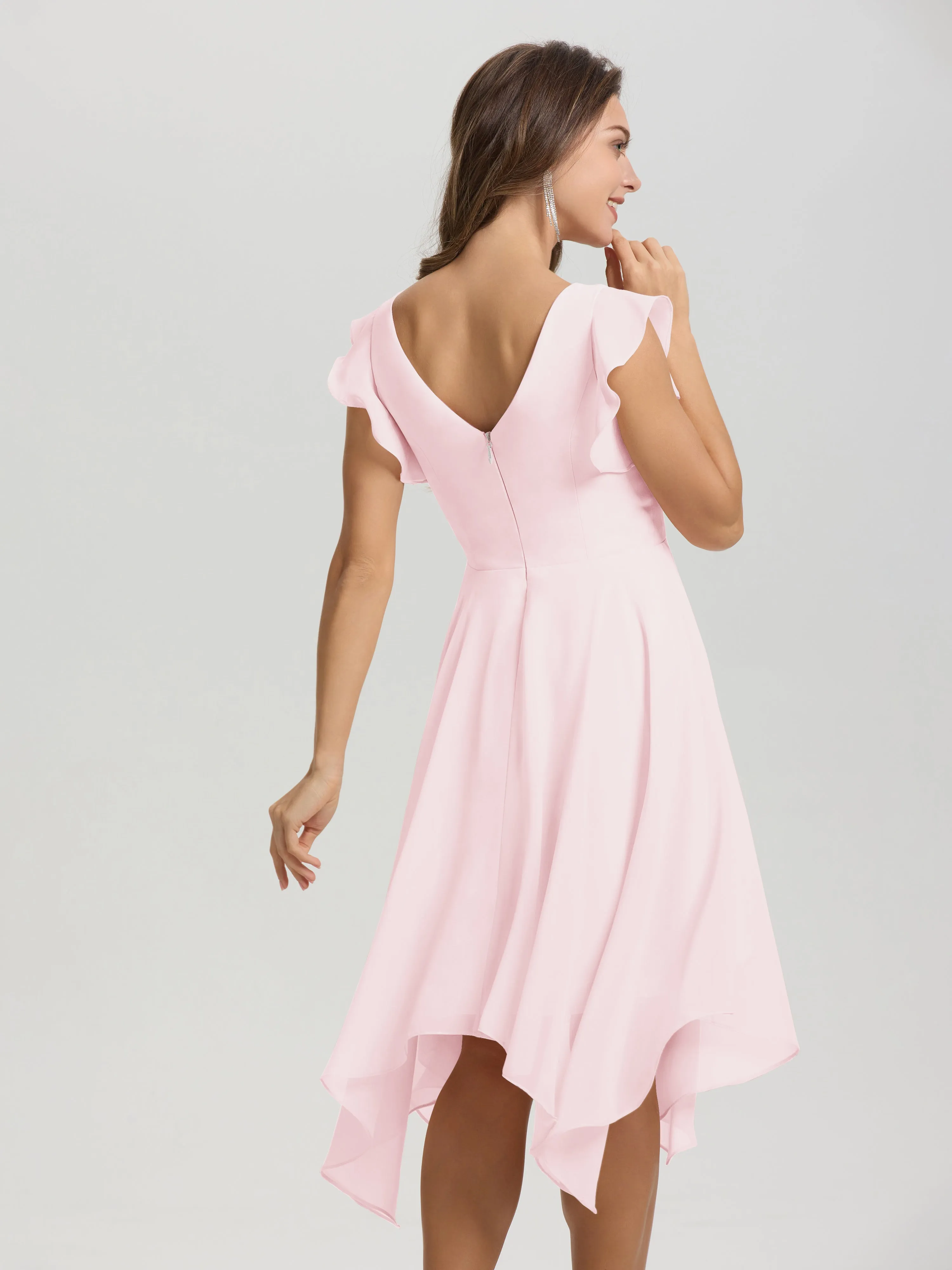Ruffle Sleeves V-neck Asymmetrical Tea Length Chiffon Bridesmaid Dresses