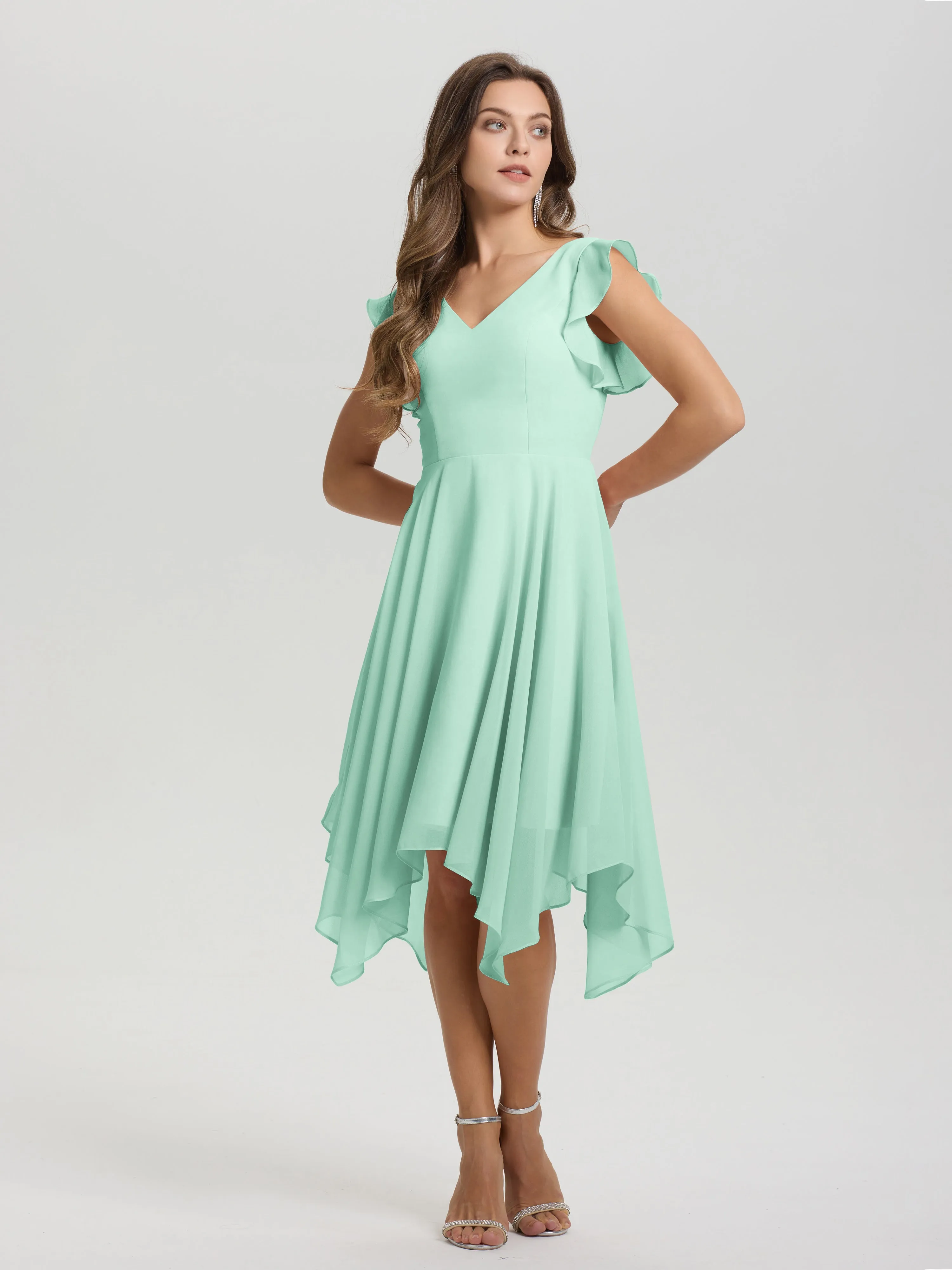 Ruffle Sleeves V-neck Asymmetrical Tea Length Chiffon Bridesmaid Dresses