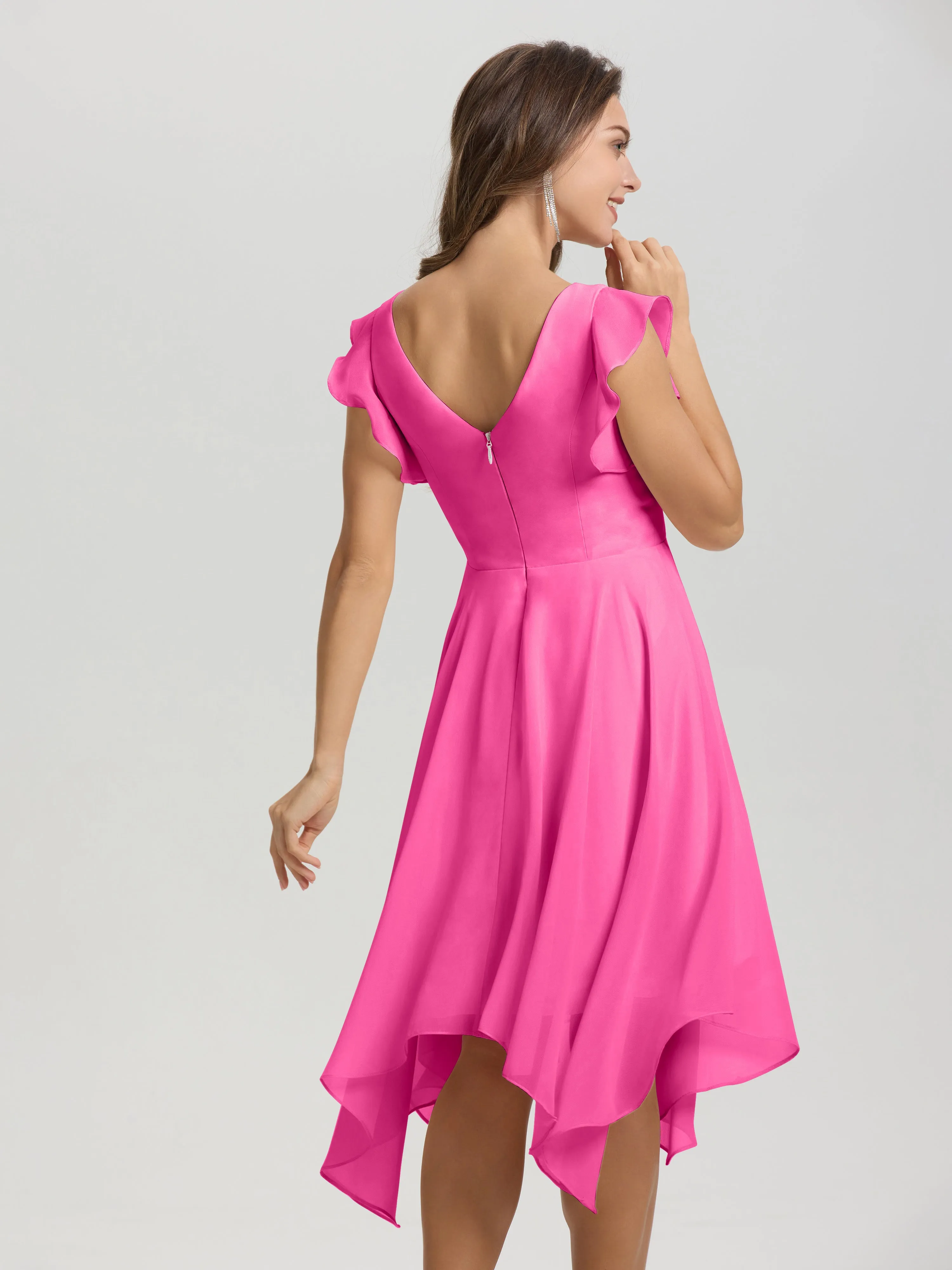 Ruffle Sleeves V-neck Asymmetrical Tea Length Chiffon Bridesmaid Dresses