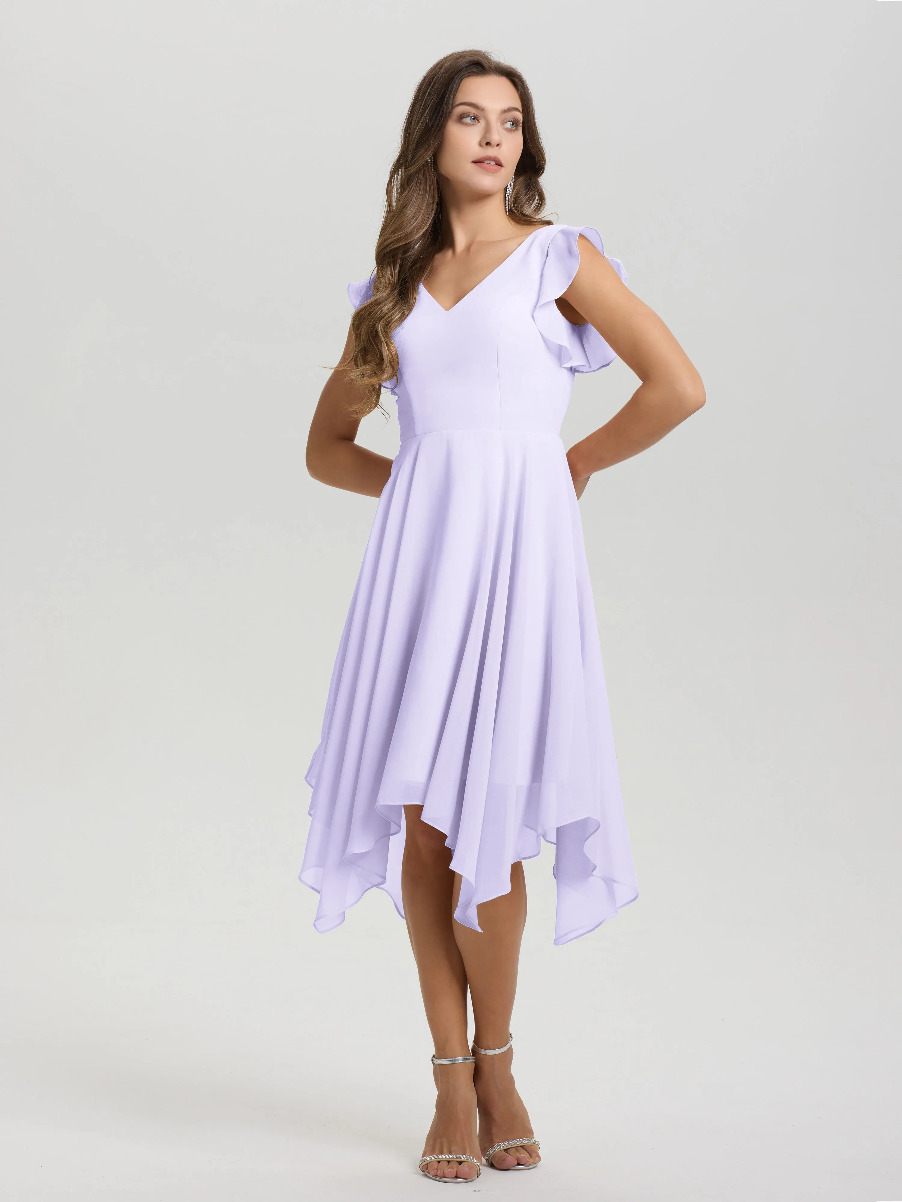 Ruffle Sleeves V-neck Asymmetrical Tea Length Chiffon Bridesmaid Dresses
