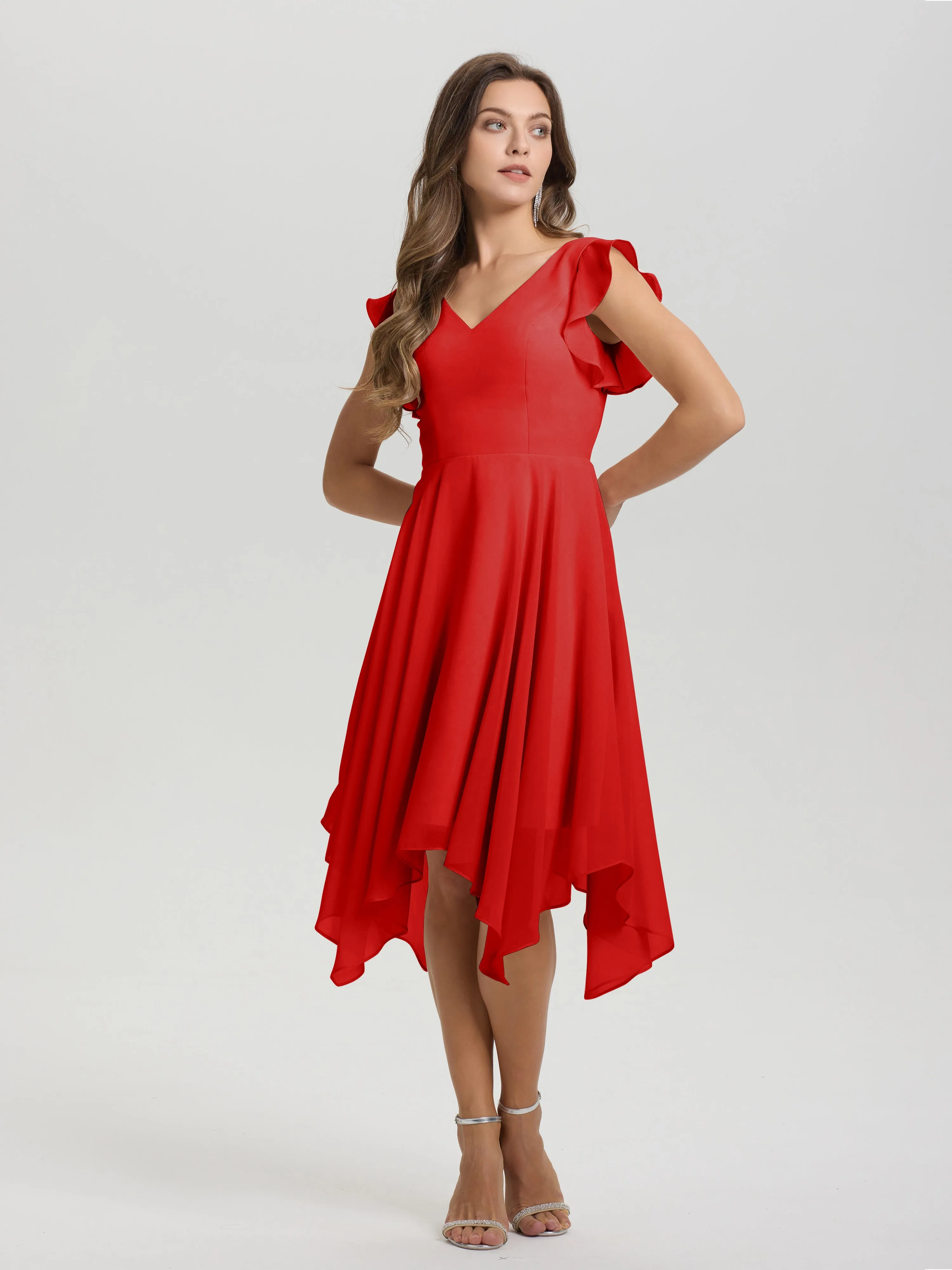 Ruffle Sleeves V-neck Asymmetrical Tea Length Chiffon Bridesmaid Dresses