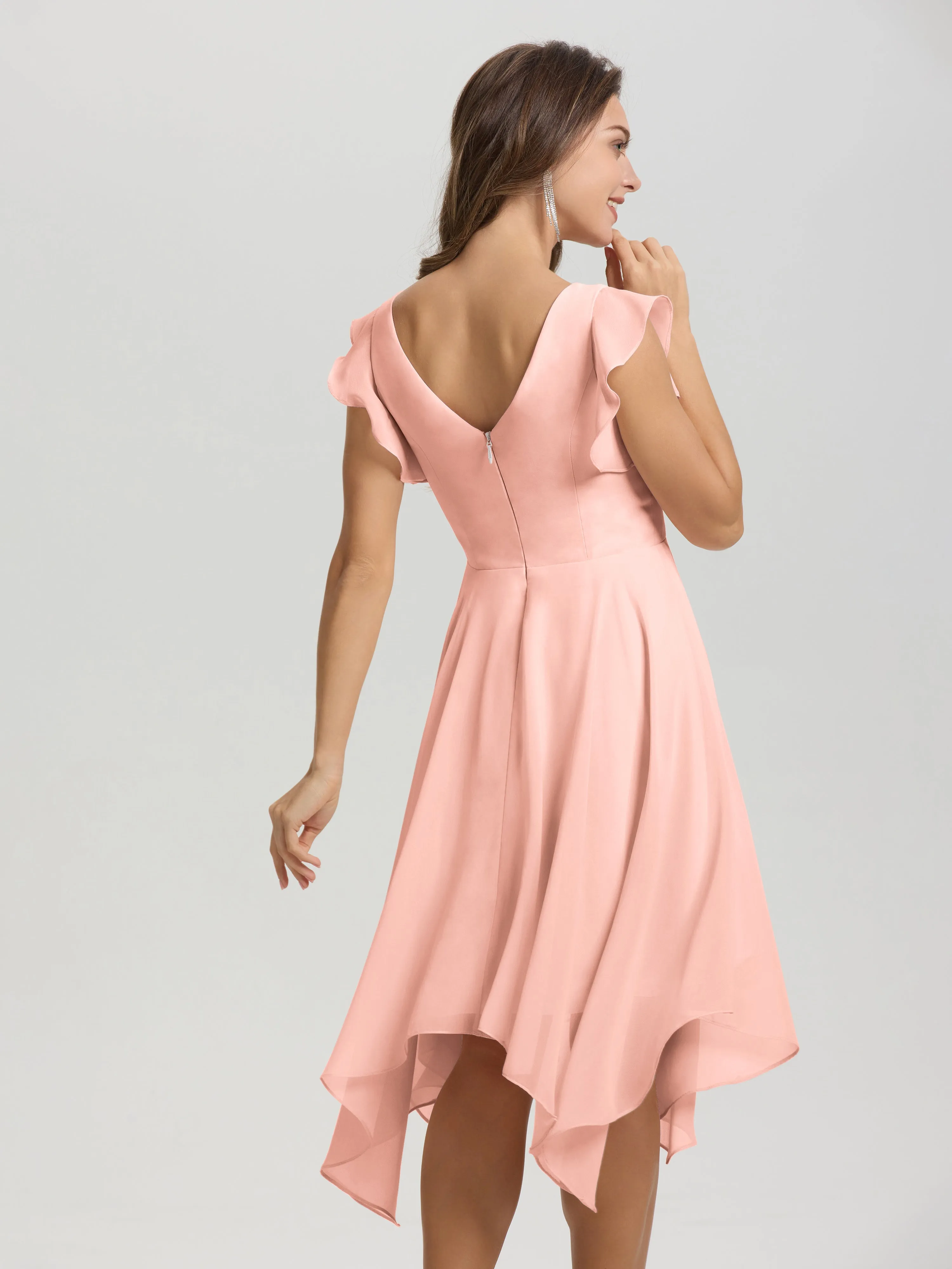 Ruffle Sleeves V-neck Asymmetrical Tea Length Chiffon Bridesmaid Dresses