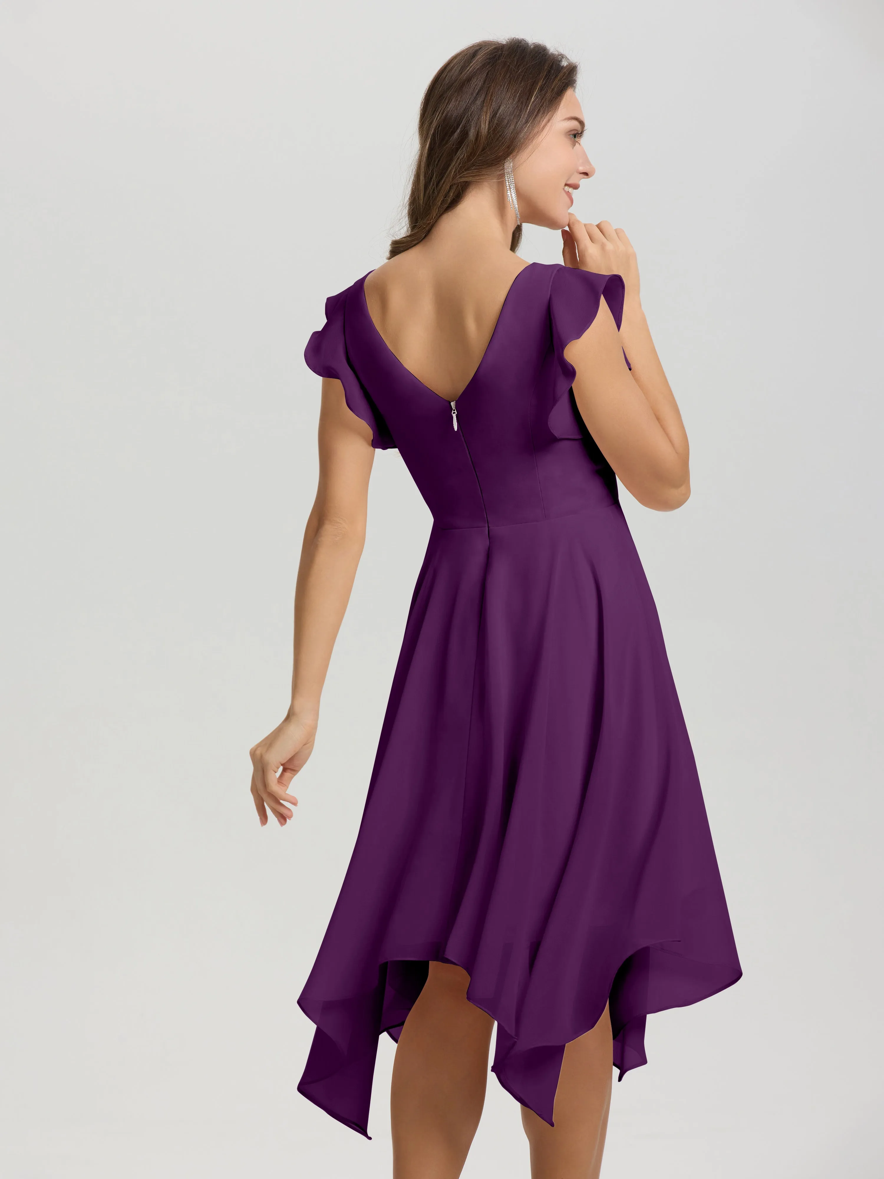 Ruffle Sleeves V-neck Asymmetrical Tea Length Chiffon Bridesmaid Dresses