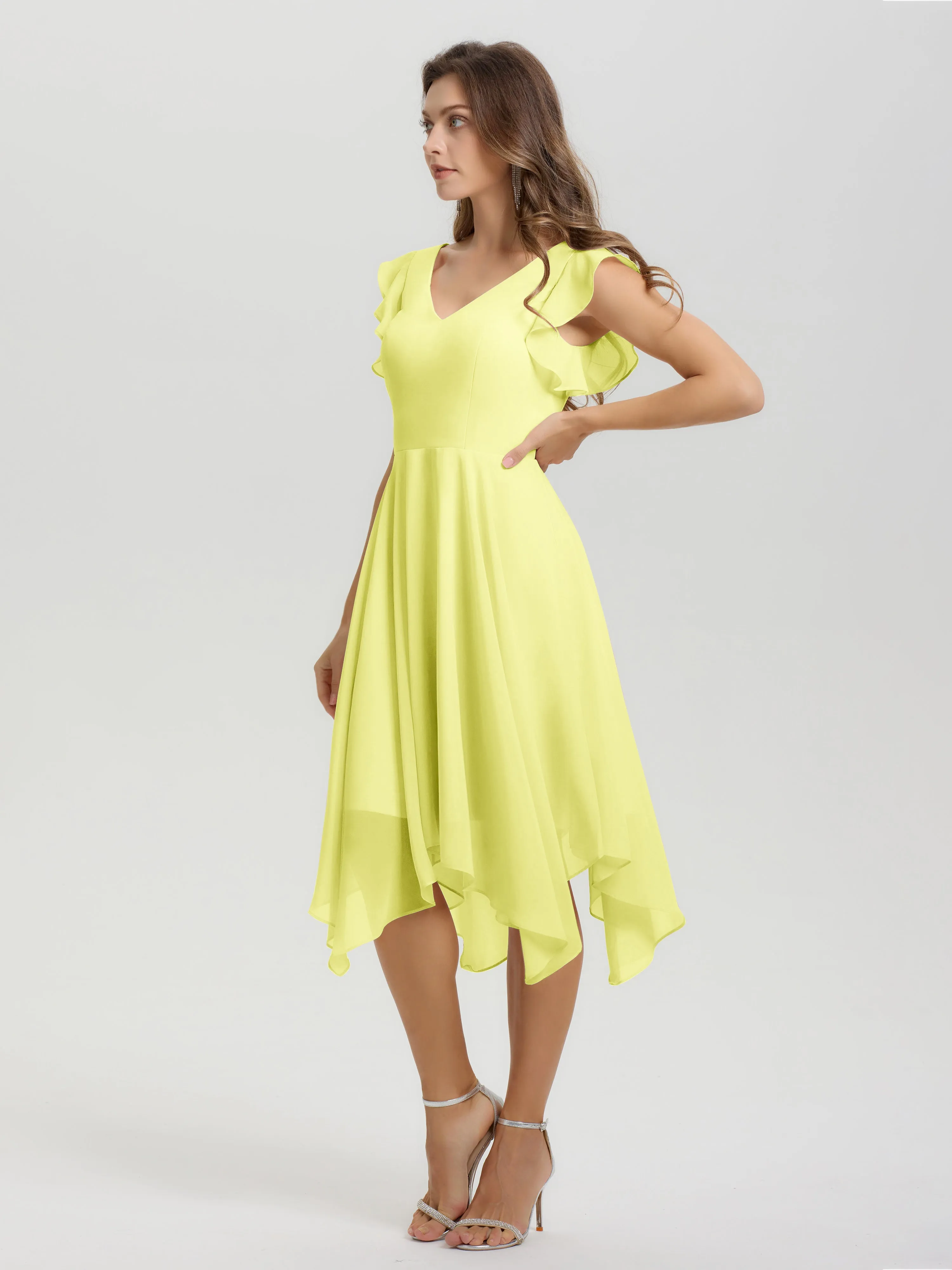Ruffle Sleeves V-neck Asymmetrical Tea Length Chiffon Bridesmaid Dresses