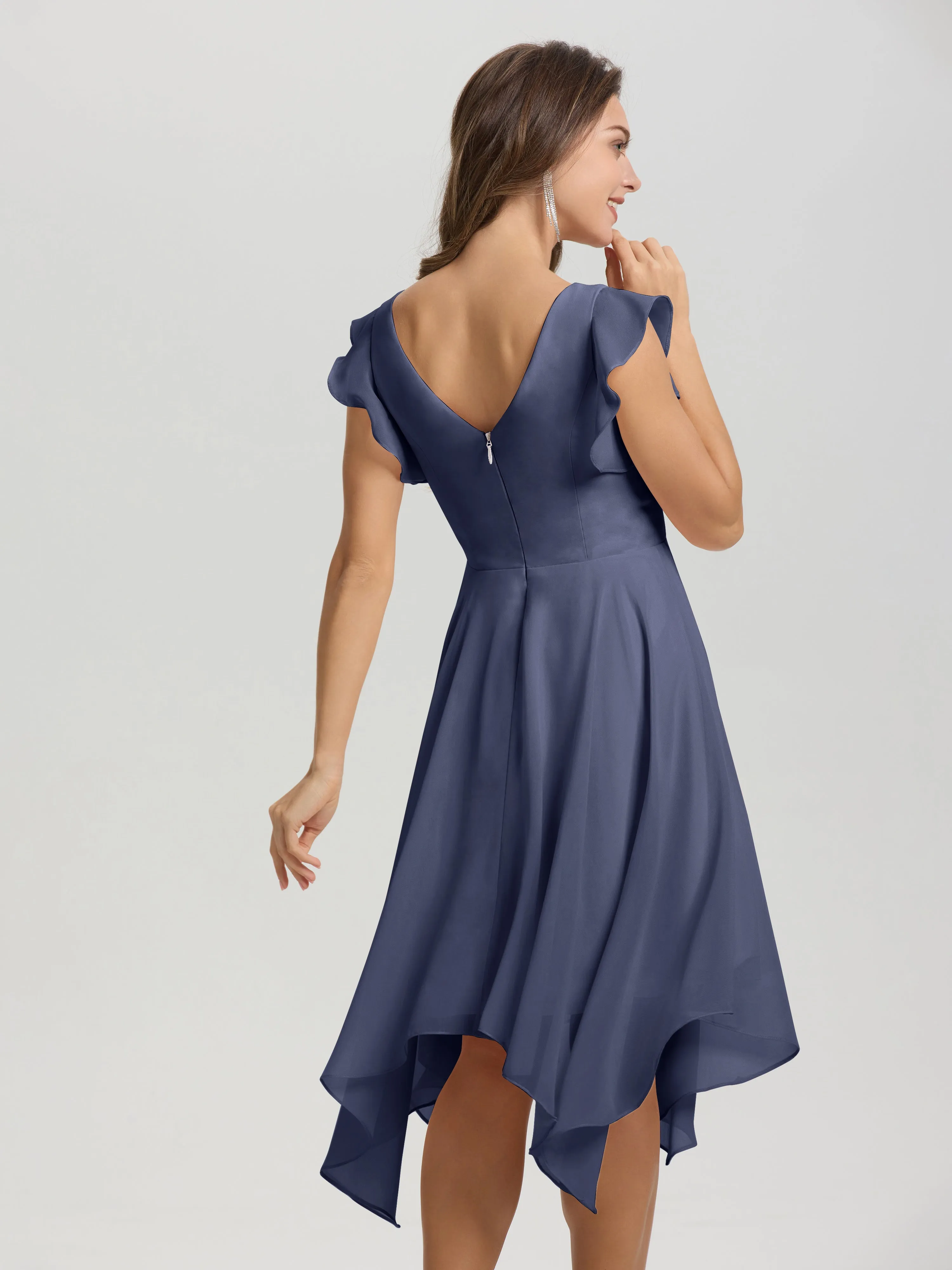 Ruffle Sleeves V-neck Asymmetrical Tea Length Chiffon Bridesmaid Dresses
