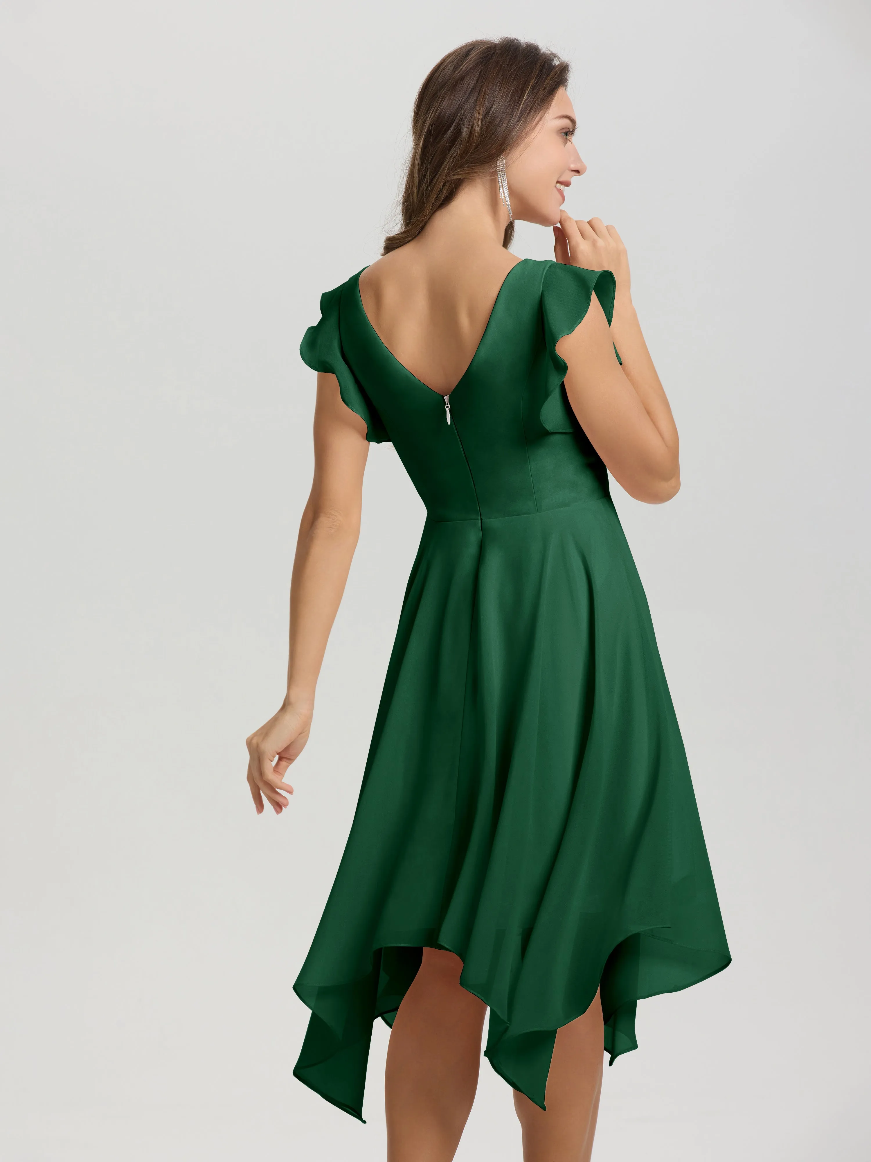 Ruffle Sleeves V-neck Asymmetrical Tea Length Chiffon Bridesmaid Dresses