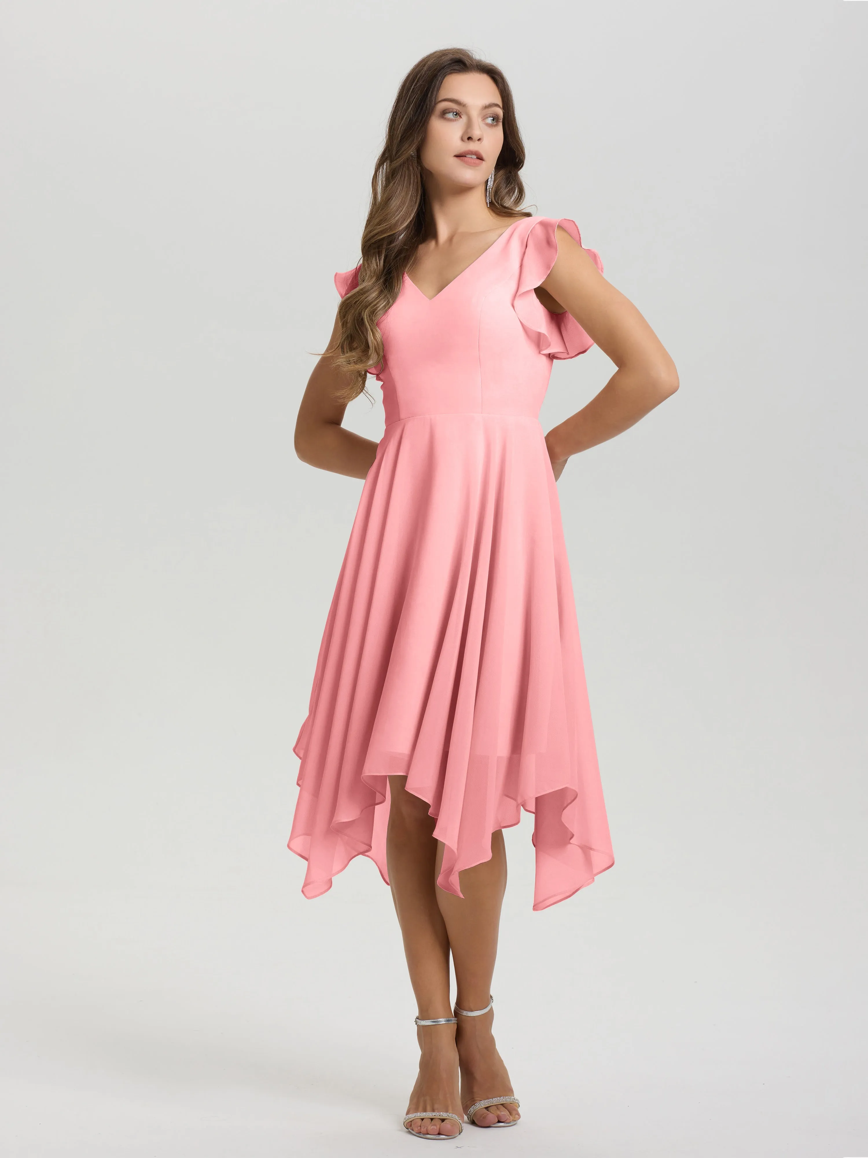 Ruffle Sleeves V-neck Asymmetrical Tea Length Chiffon Bridesmaid Dresses