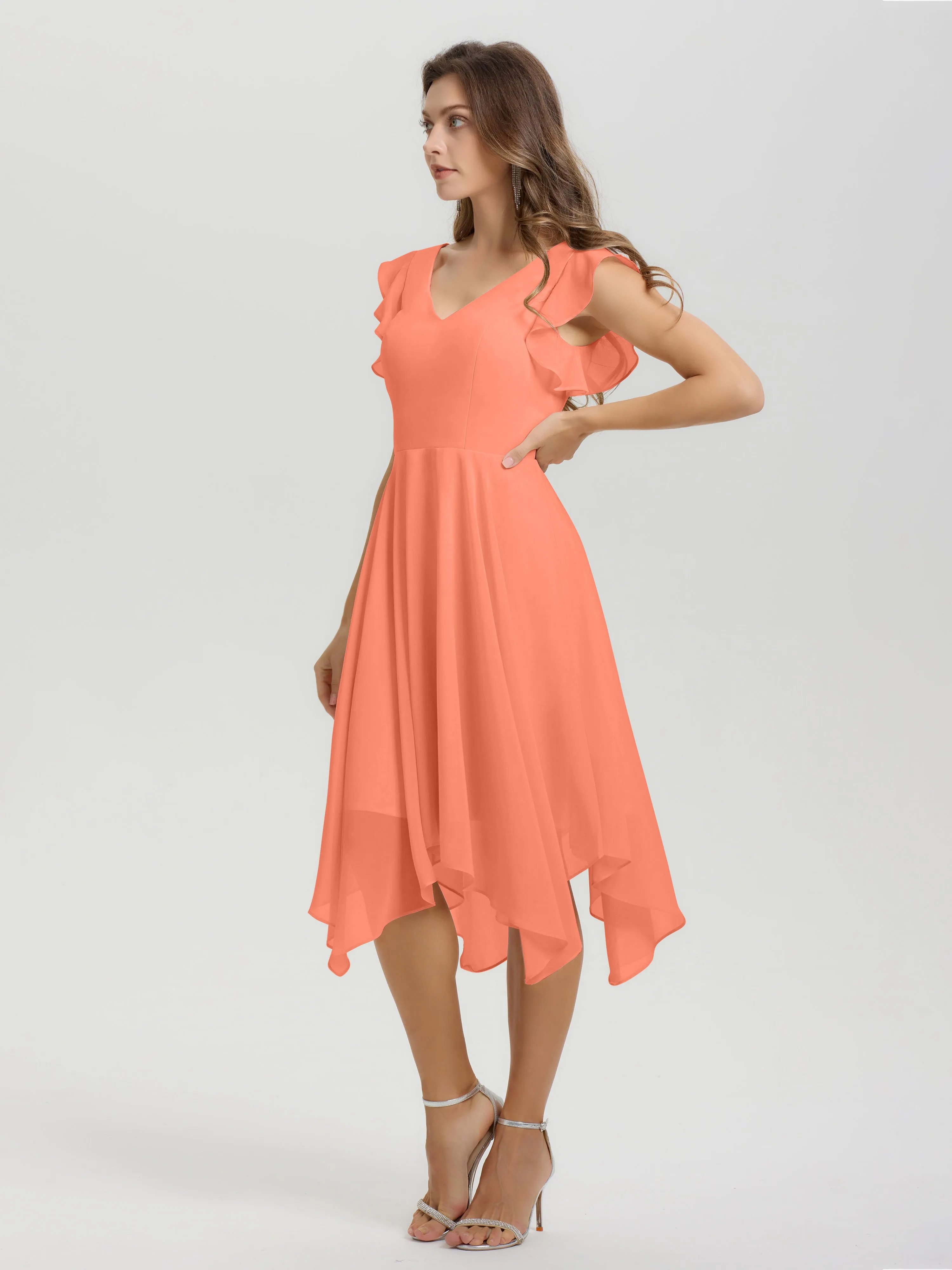 Ruffle Sleeves V-neck Asymmetrical Tea Length Chiffon Bridesmaid Dresses