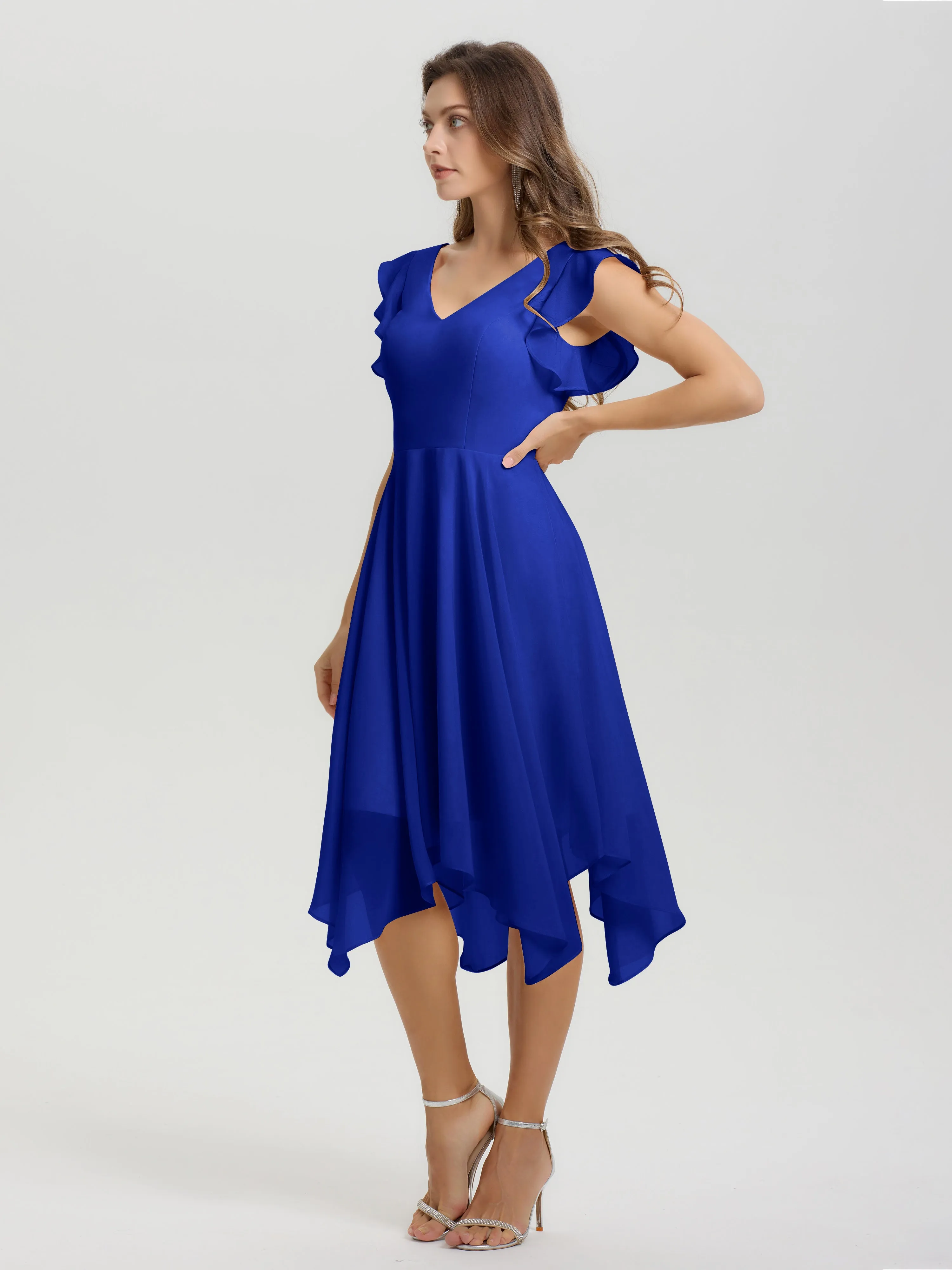 Ruffle Sleeves V-neck Asymmetrical Tea Length Chiffon Bridesmaid Dresses