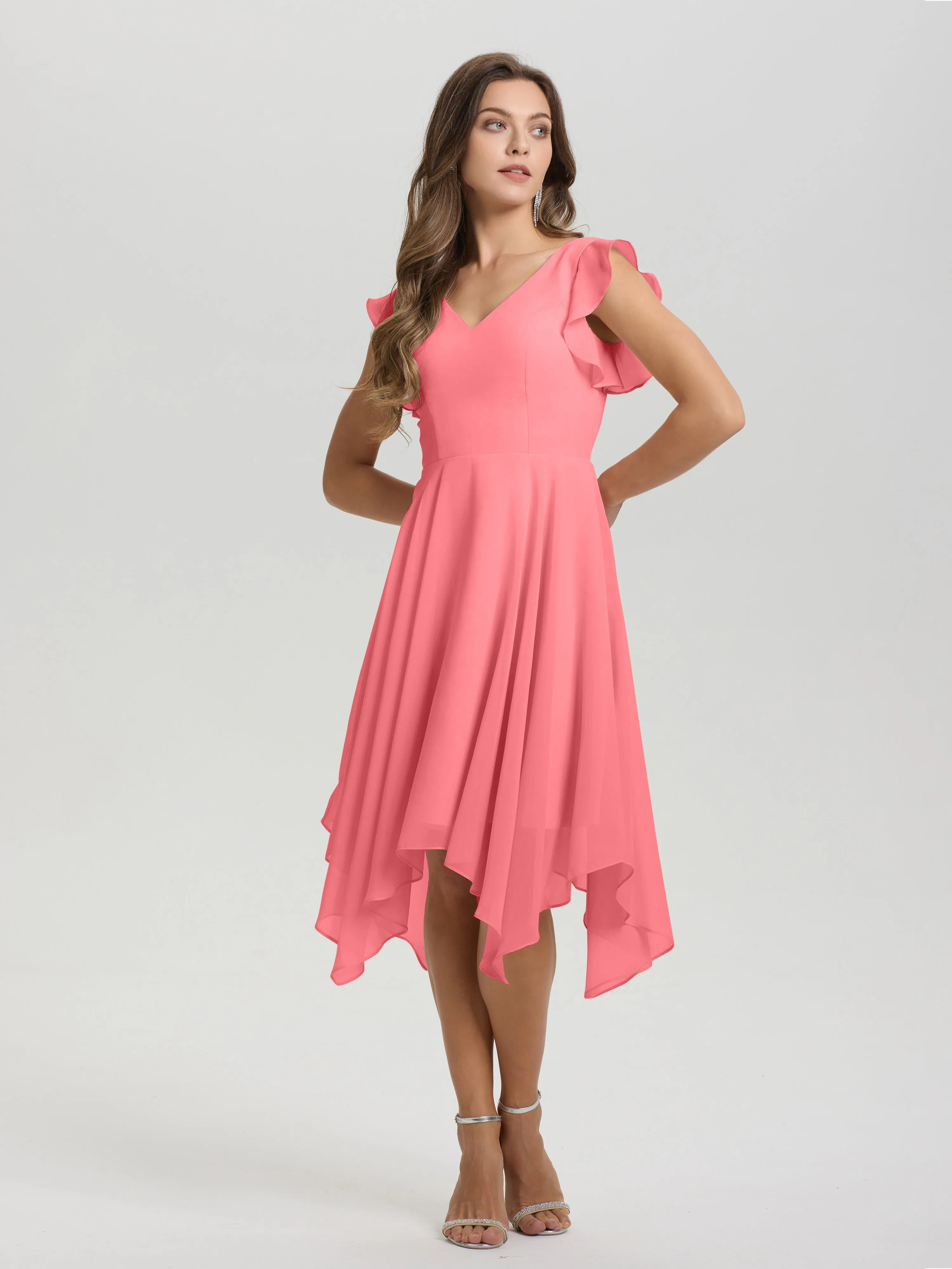 Ruffle Sleeves V-neck Asymmetrical Tea Length Chiffon Bridesmaid Dresses