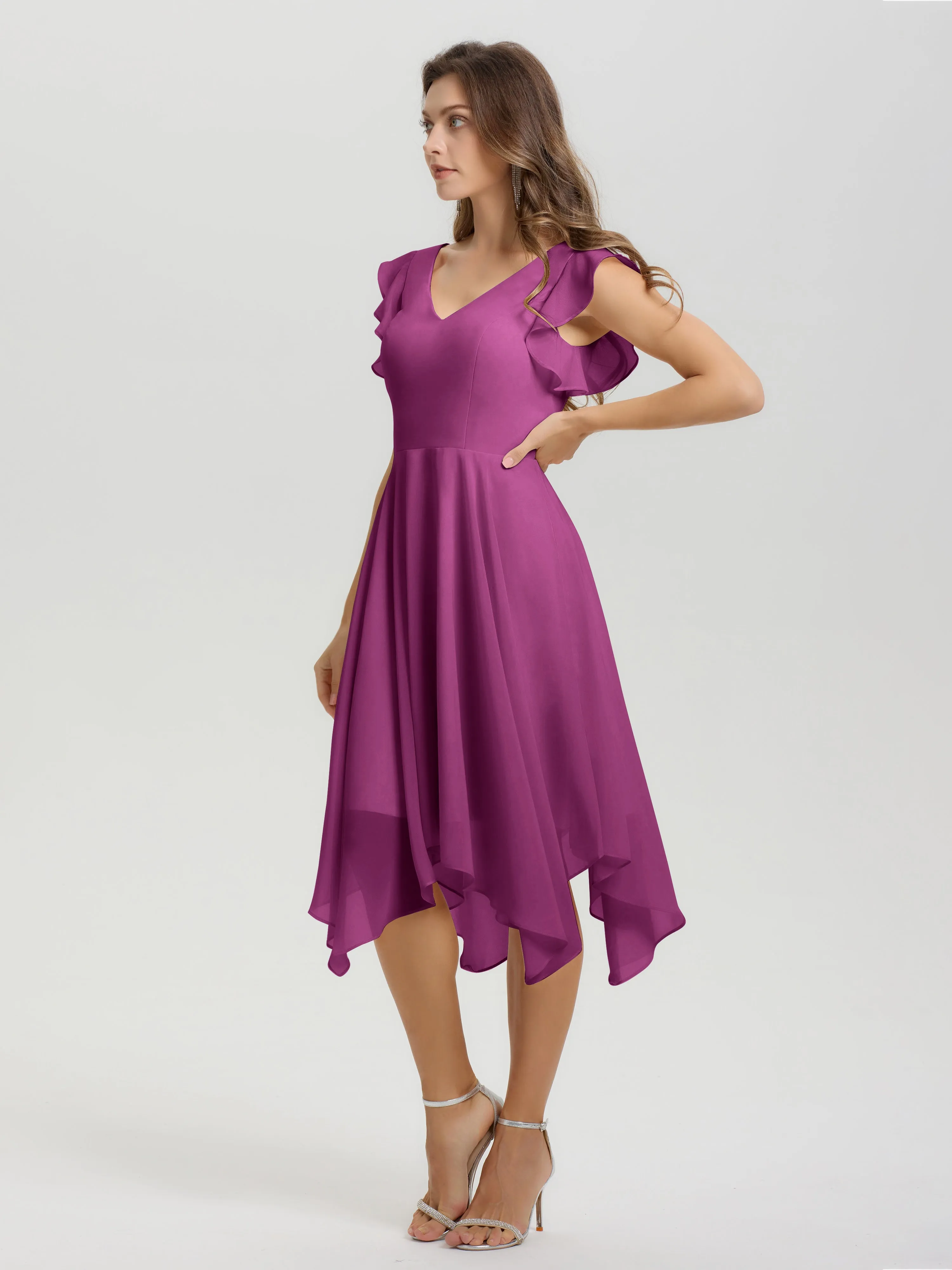 Ruffle Sleeves V-neck Asymmetrical Tea Length Chiffon Bridesmaid Dresses