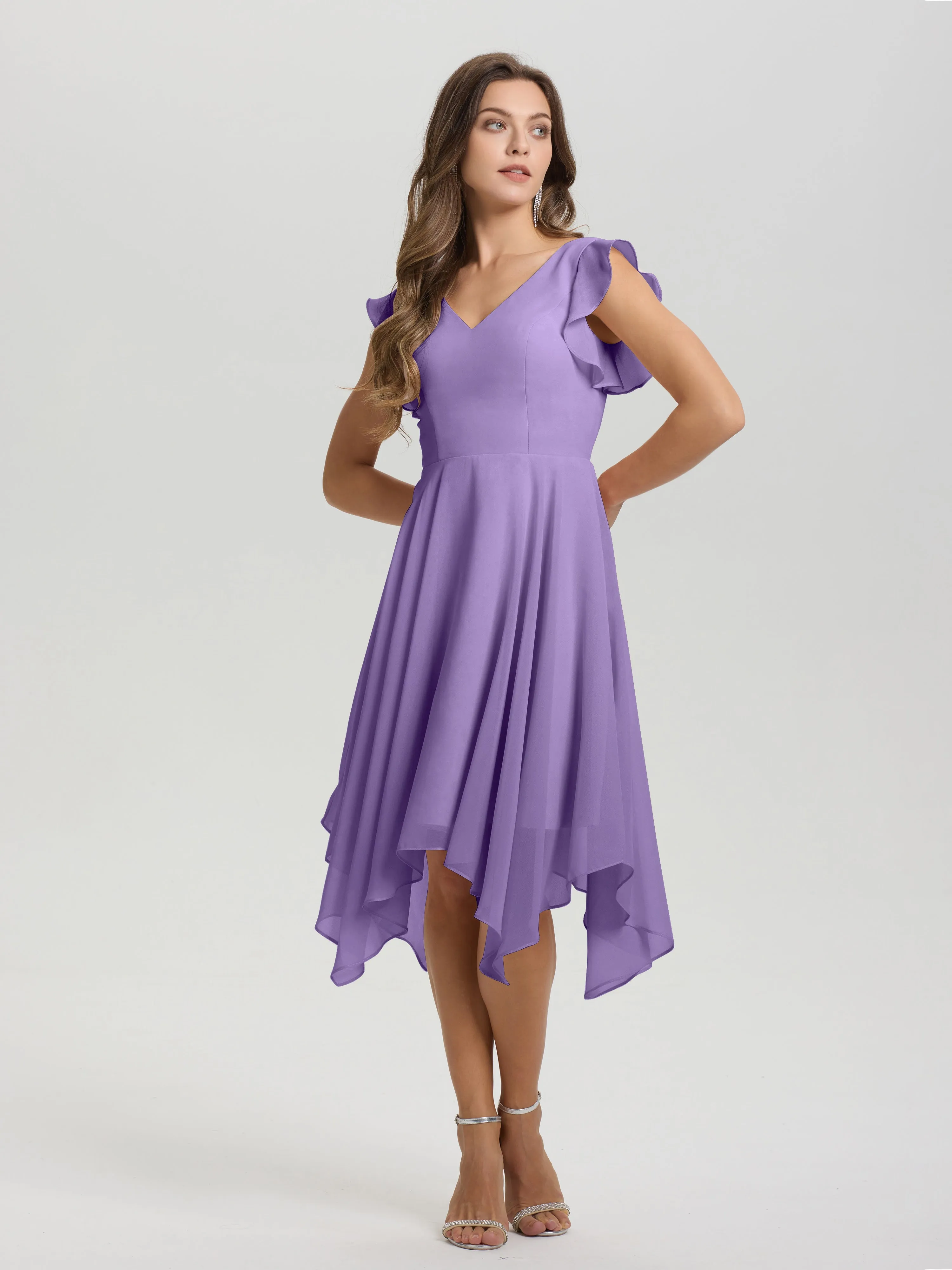 Ruffle Sleeves V-neck Asymmetrical Tea Length Chiffon Bridesmaid Dresses