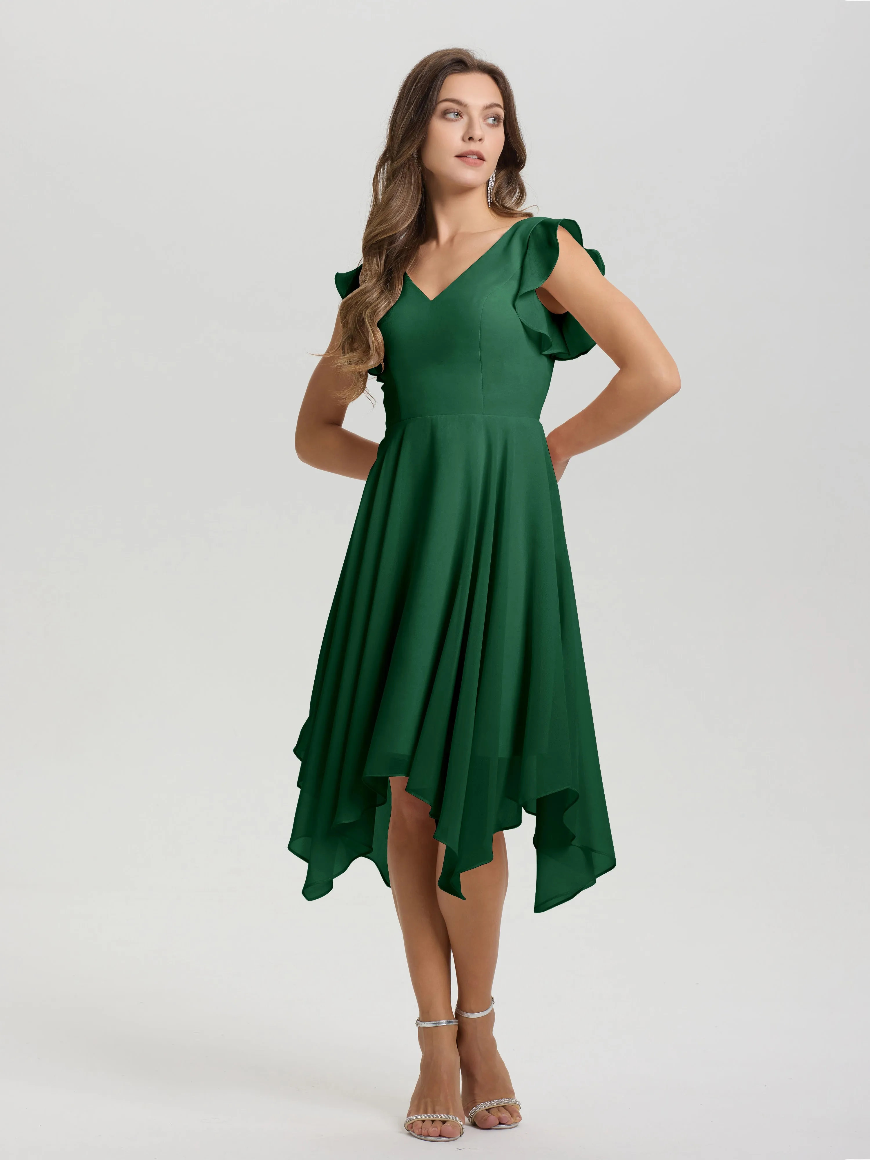 Ruffle Sleeves V-neck Asymmetrical Tea Length Chiffon Bridesmaid Dresses