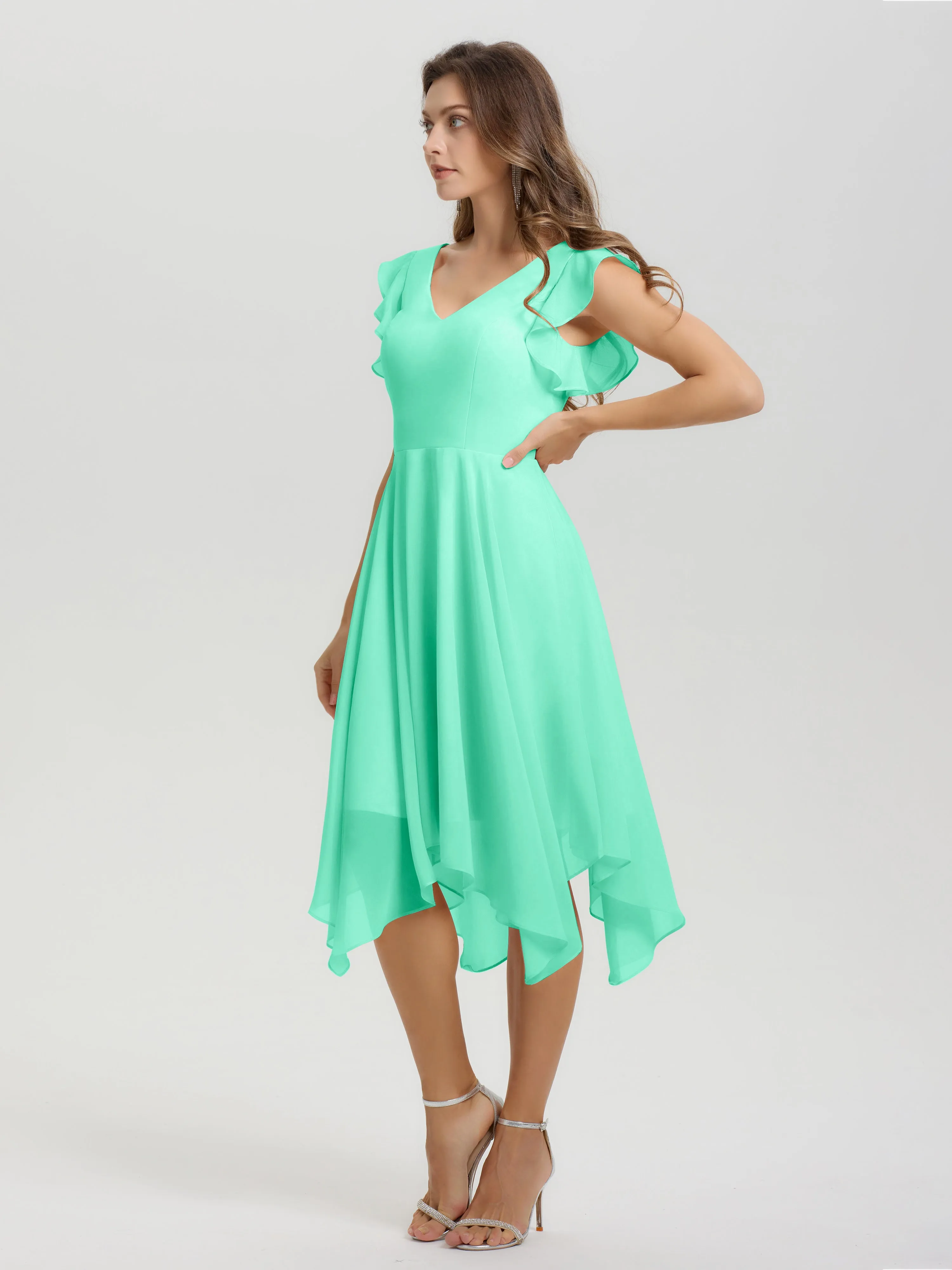 Ruffle Sleeves V-neck Asymmetrical Tea Length Chiffon Bridesmaid Dresses