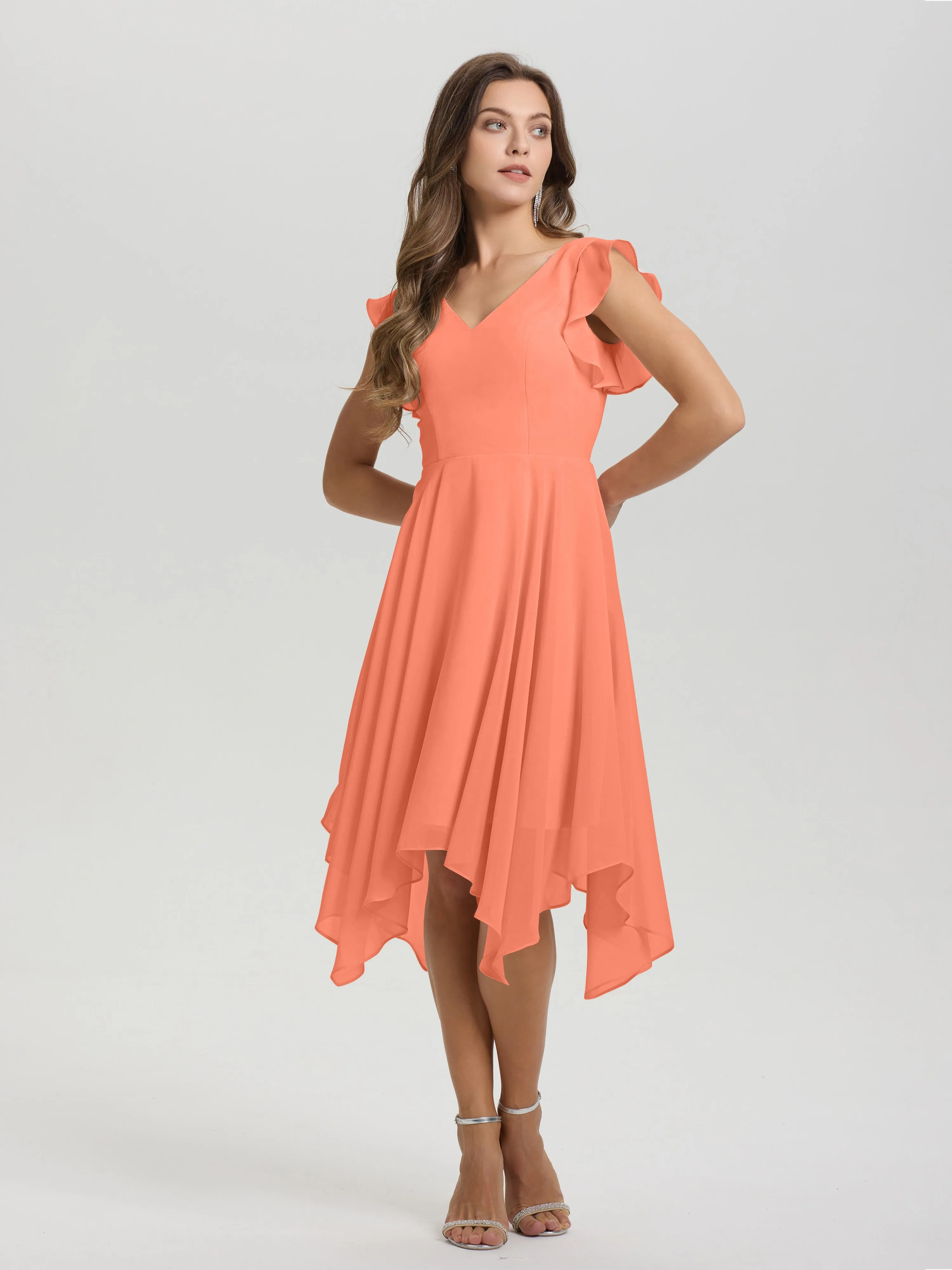 Ruffle Sleeves V-neck Asymmetrical Tea Length Chiffon Bridesmaid Dresses