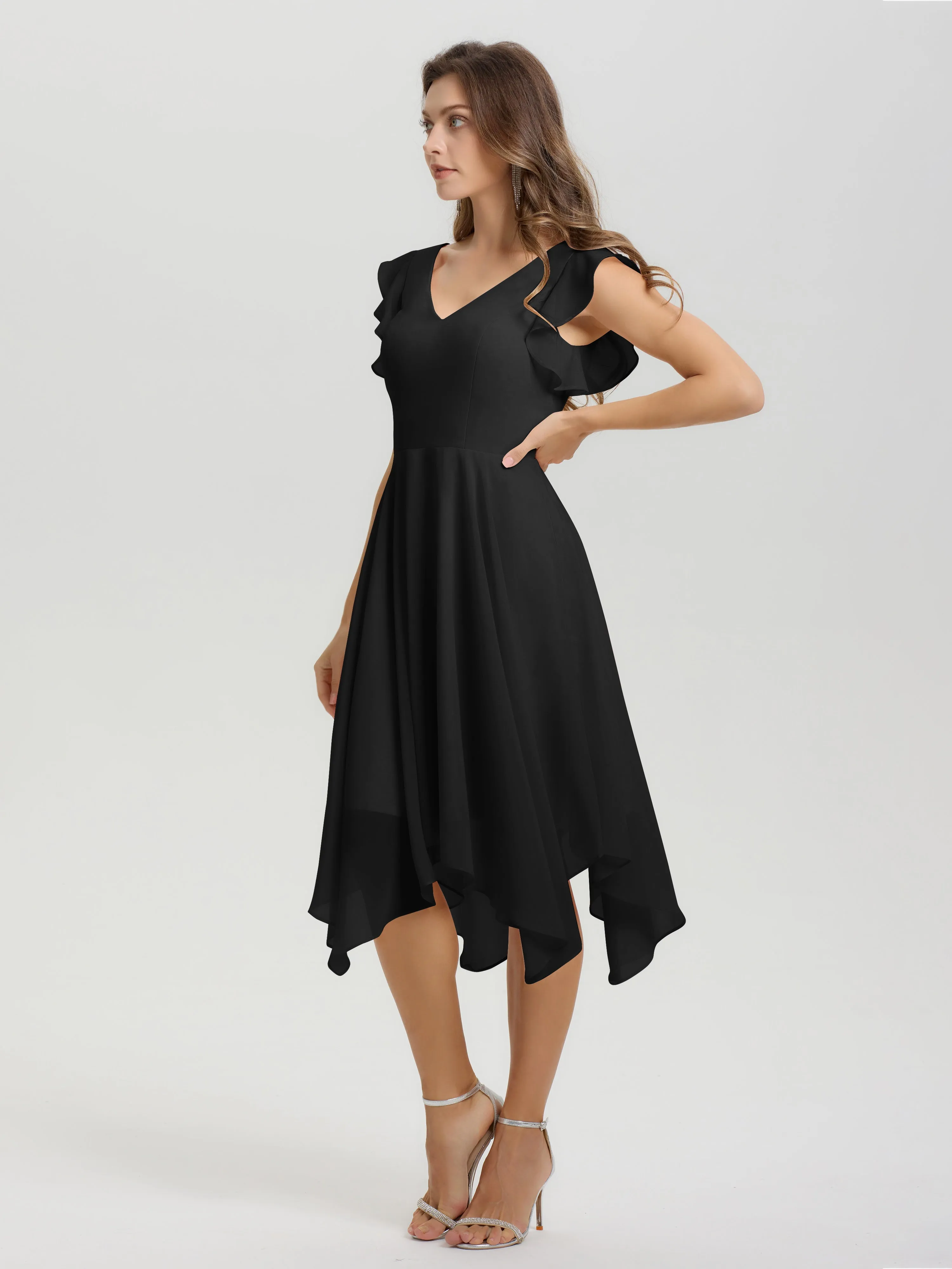 Ruffle Sleeves V-neck Asymmetrical Tea Length Chiffon Bridesmaid Dresses