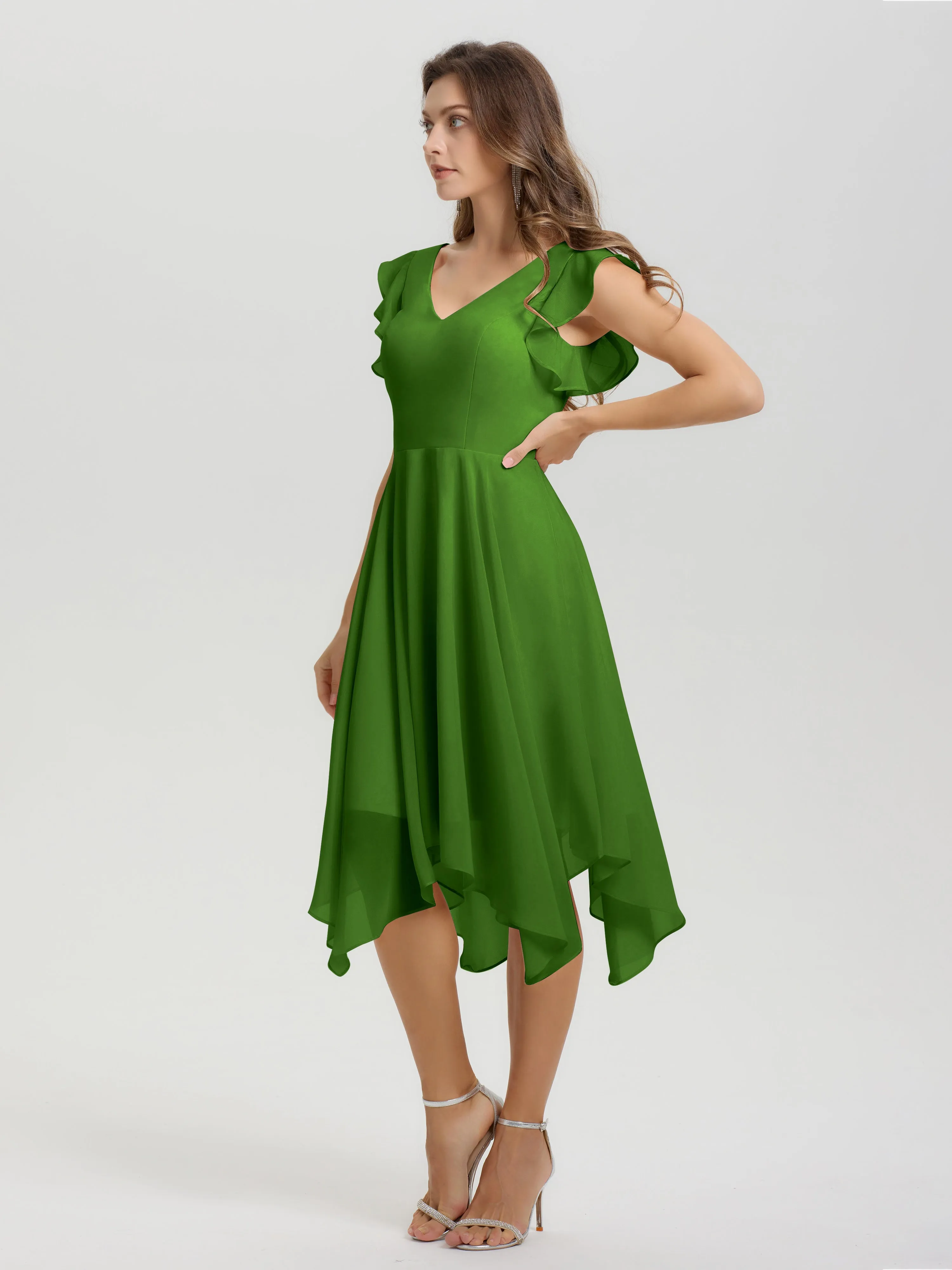 Ruffle Sleeves V-neck Asymmetrical Tea Length Chiffon Bridesmaid Dresses