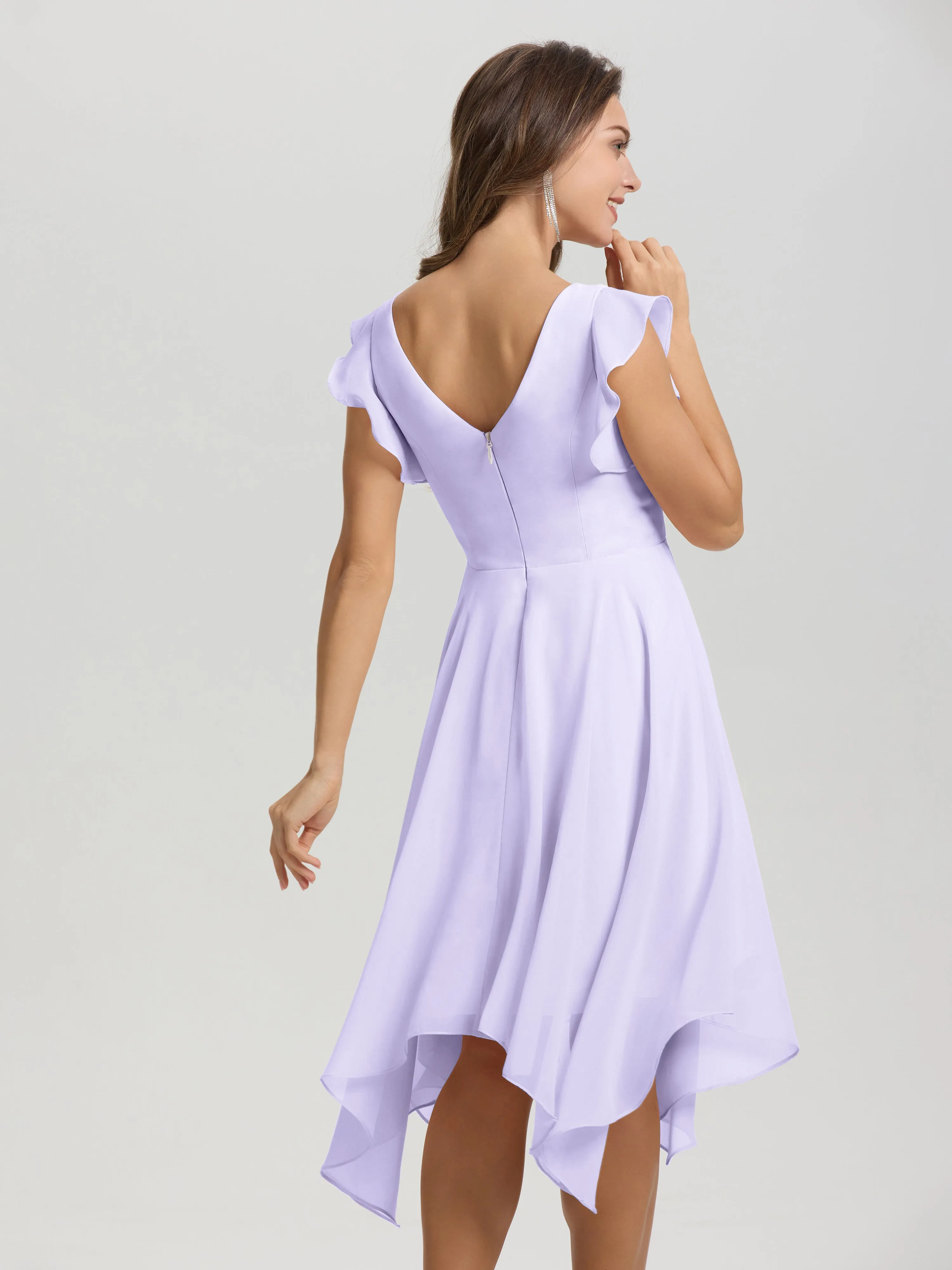 Ruffle Sleeves V-neck Asymmetrical Tea Length Chiffon Bridesmaid Dresses