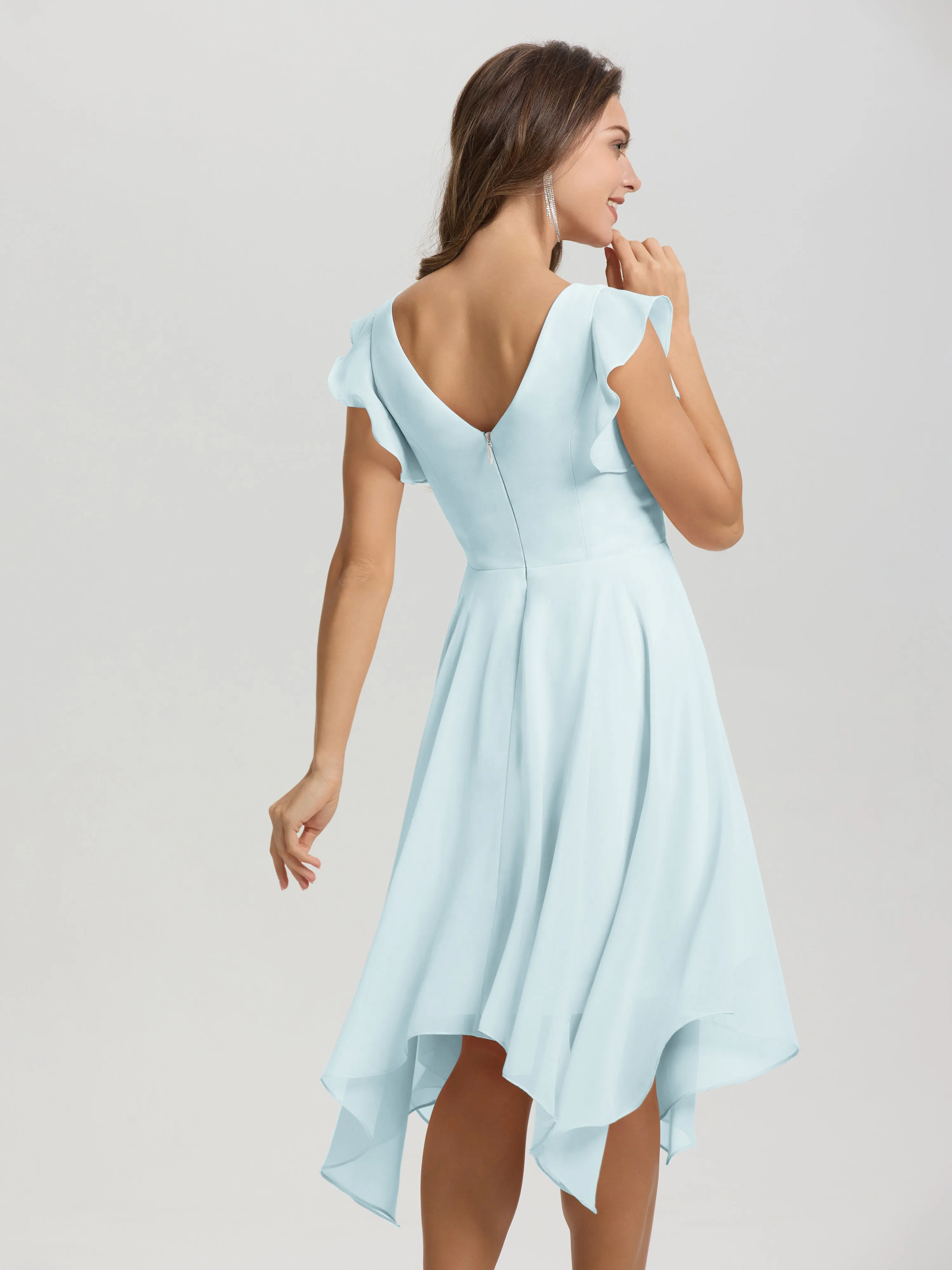 Ruffle Sleeves V-neck Asymmetrical Tea Length Chiffon Bridesmaid Dresses