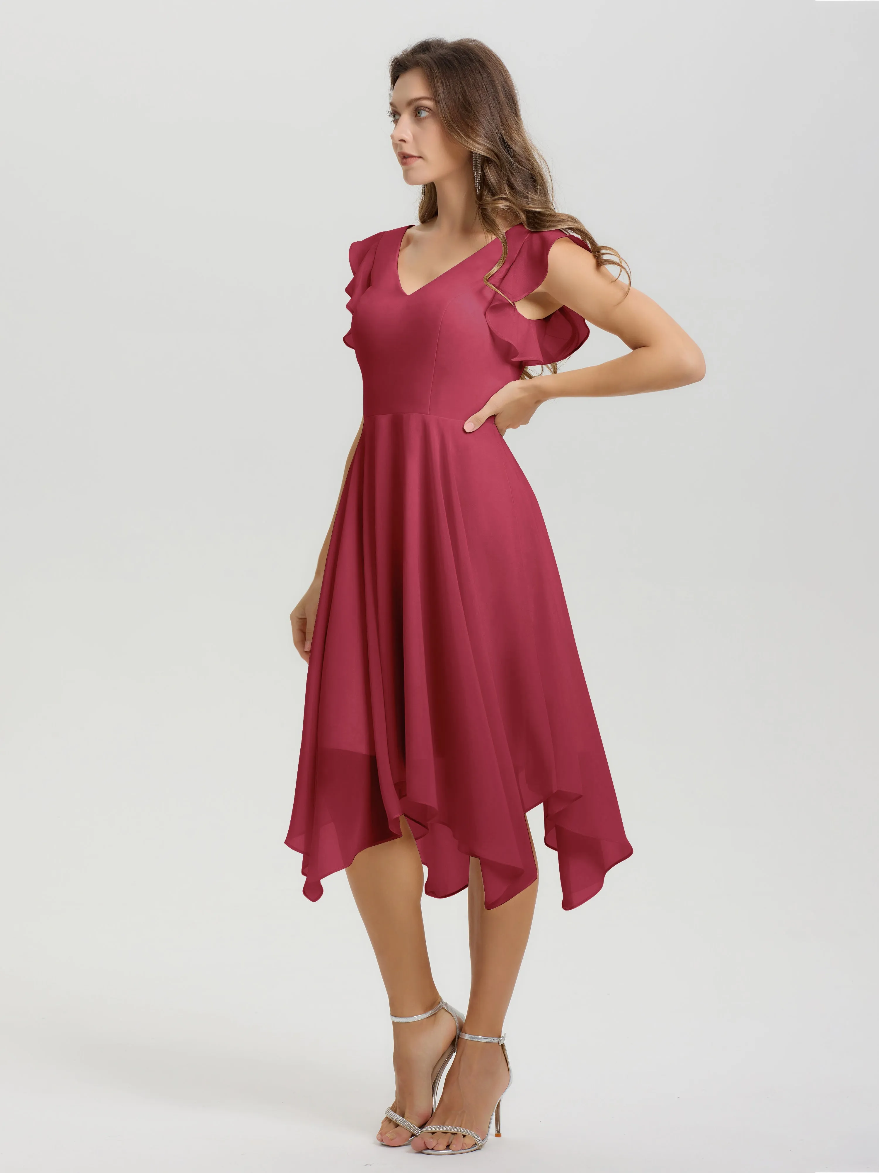 Ruffle Sleeves V-neck Asymmetrical Tea Length Chiffon Bridesmaid Dresses