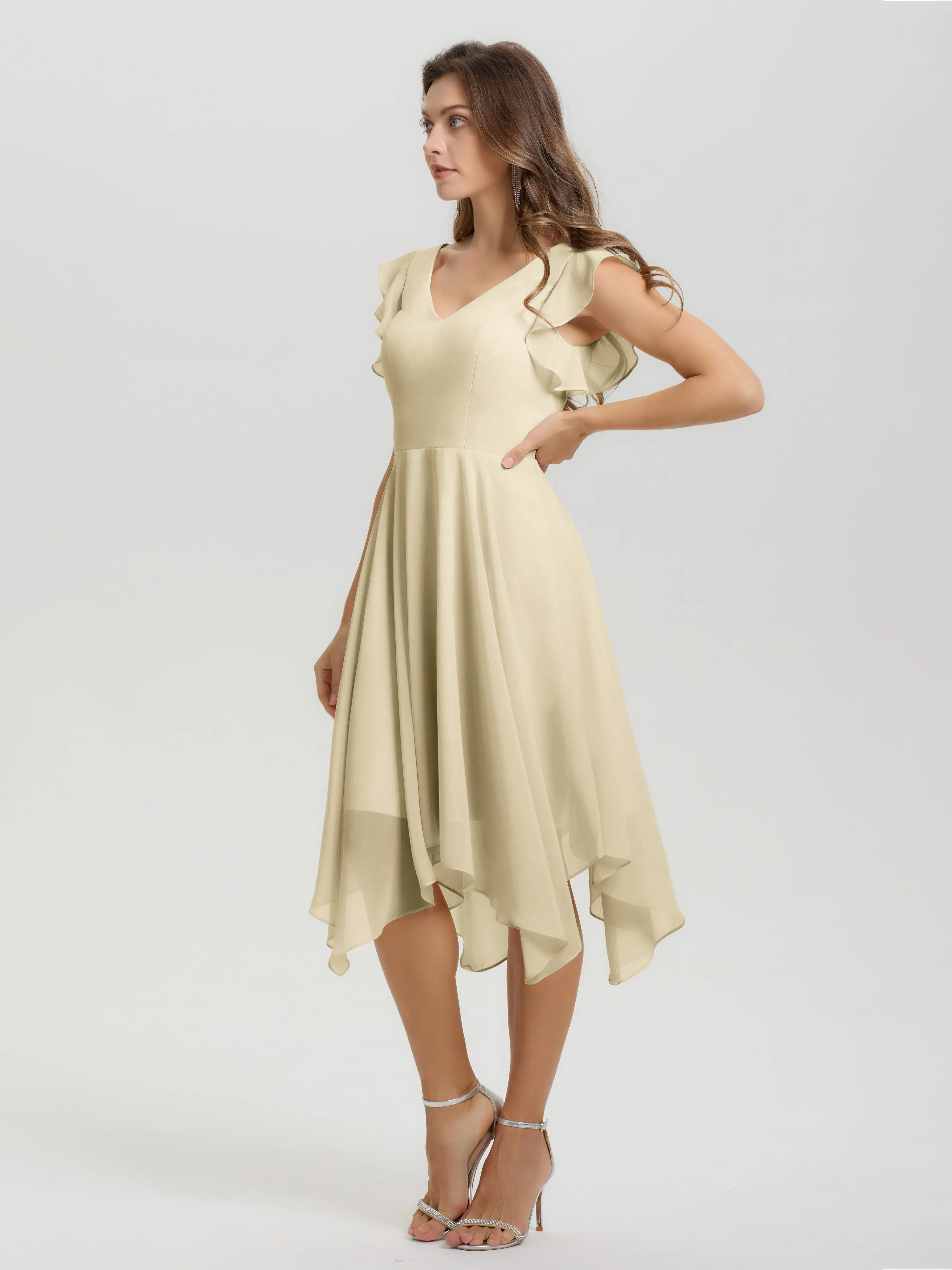 Ruffle Sleeves V-neck Asymmetrical Tea Length Chiffon Bridesmaid Dresses