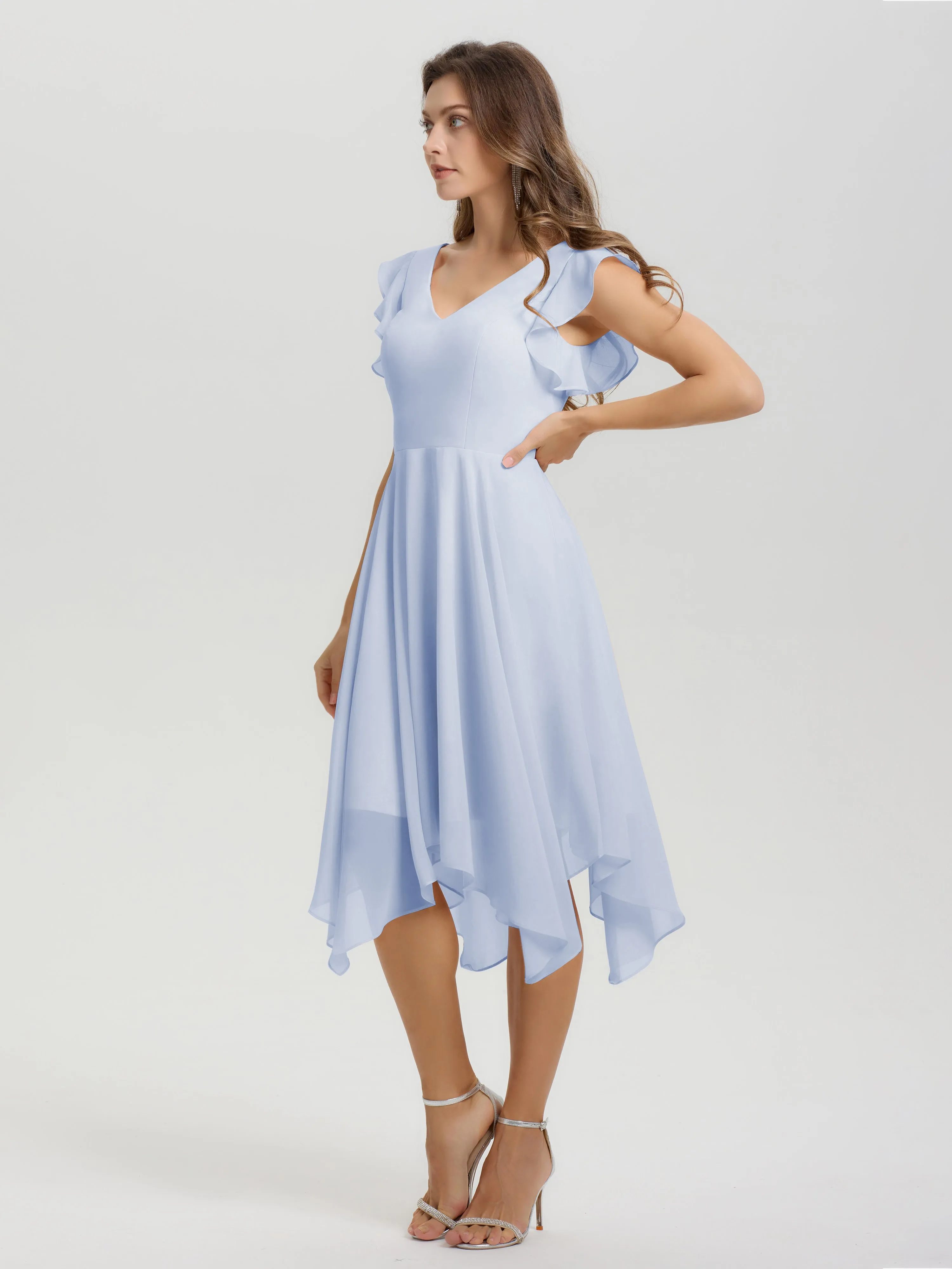 Ruffle Sleeves V-neck Asymmetrical Tea Length Chiffon Bridesmaid Dresses