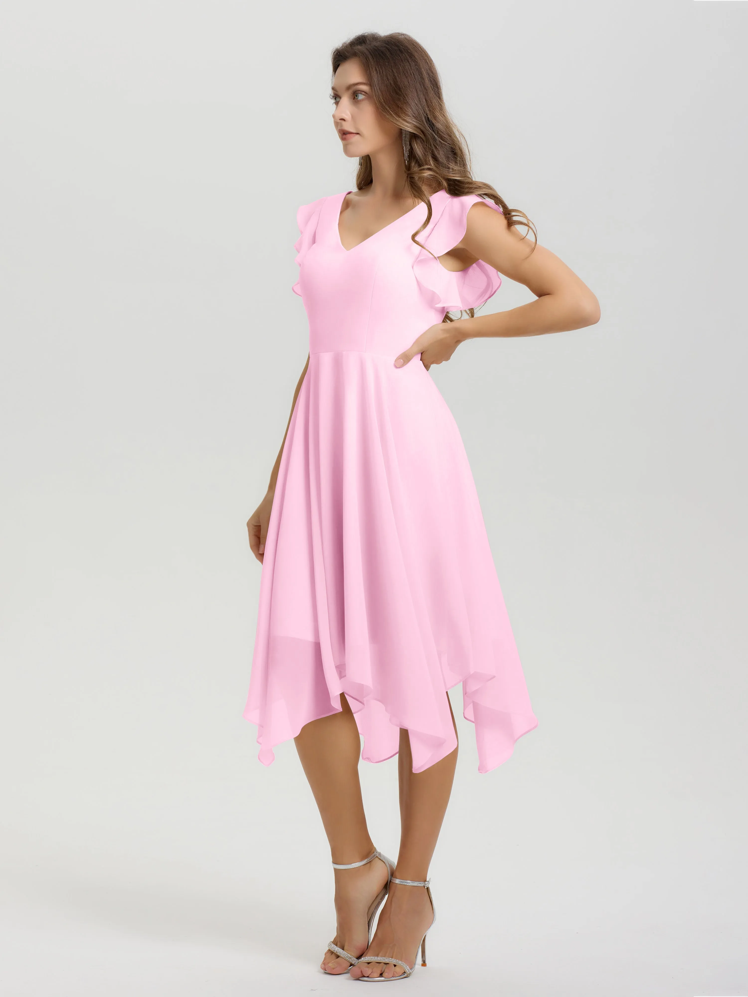 Ruffle Sleeves V-neck Asymmetrical Tea Length Chiffon Bridesmaid Dresses