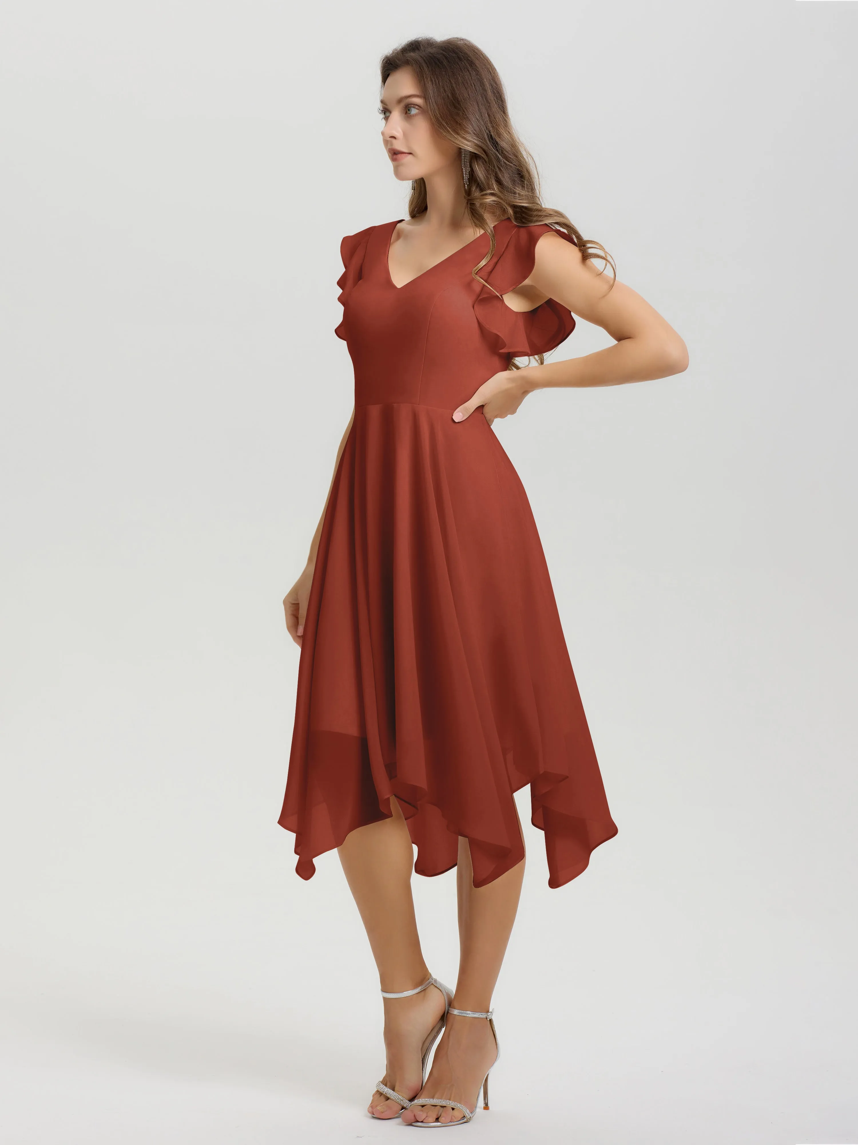 Ruffle Sleeves V-neck Asymmetrical Tea Length Chiffon Bridesmaid Dresses