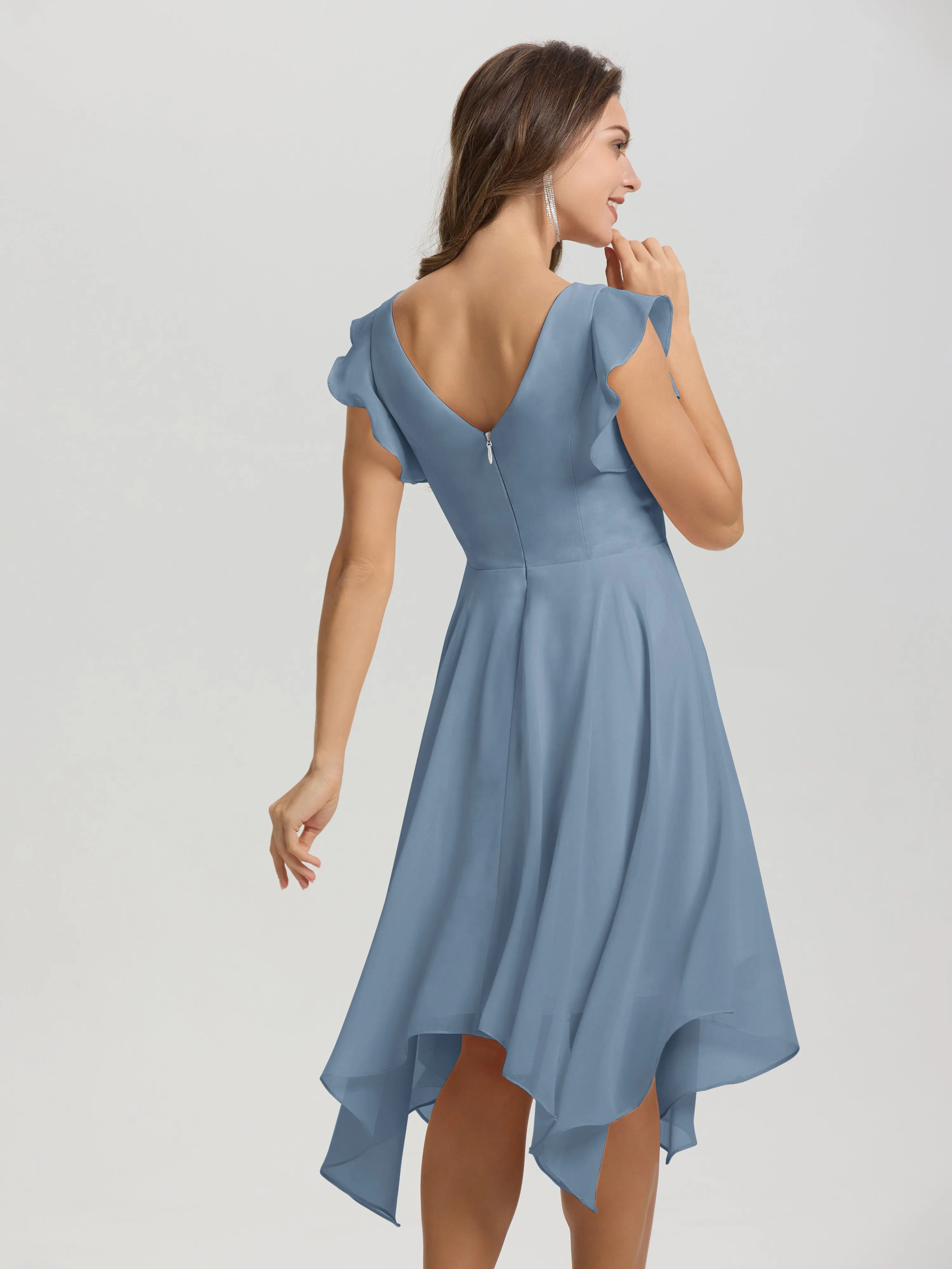 Ruffle Sleeves V-neck Asymmetrical Tea Length Chiffon Bridesmaid Dresses
