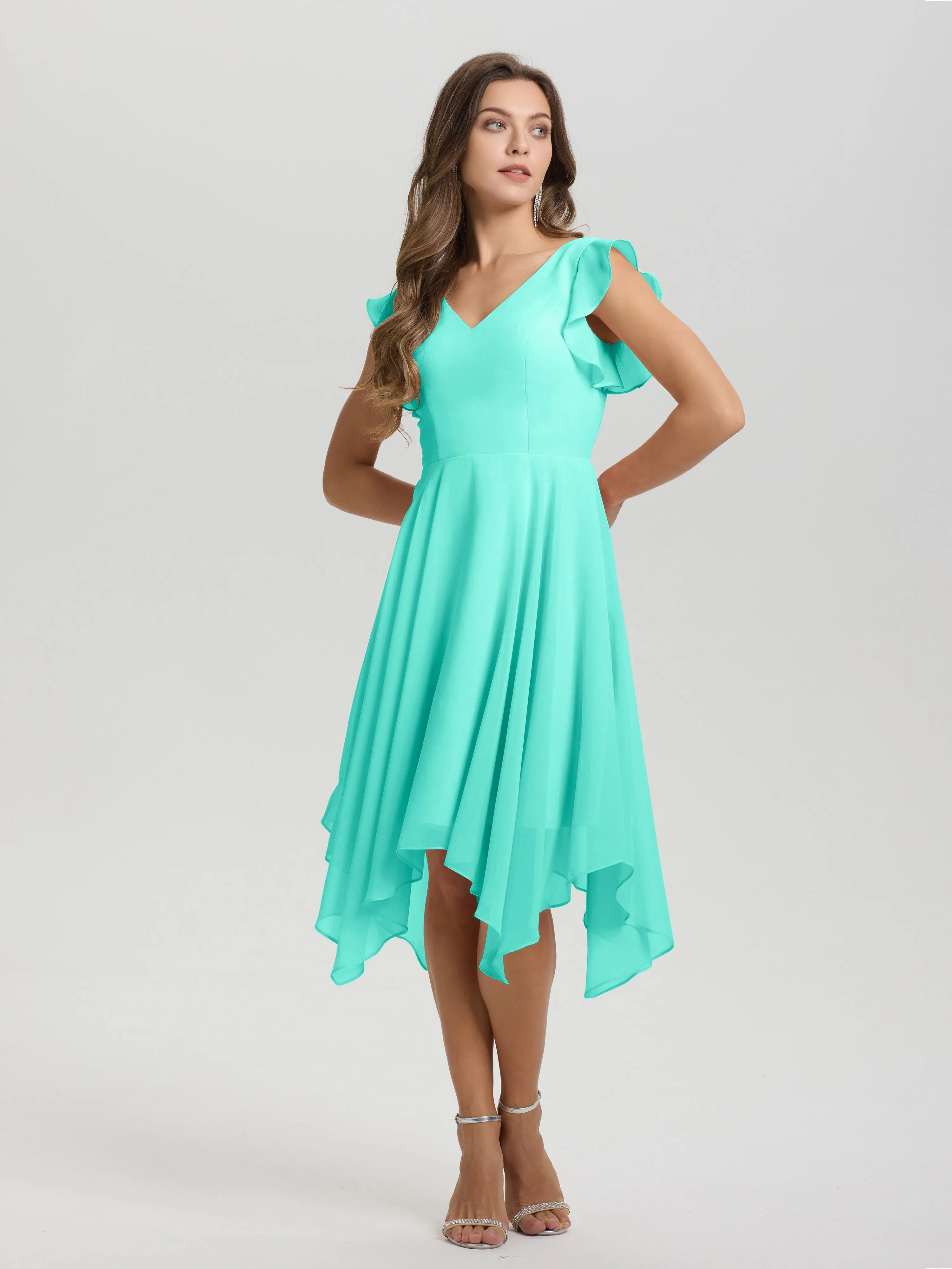 Ruffle Sleeves V-neck Asymmetrical Tea Length Chiffon Bridesmaid Dresses