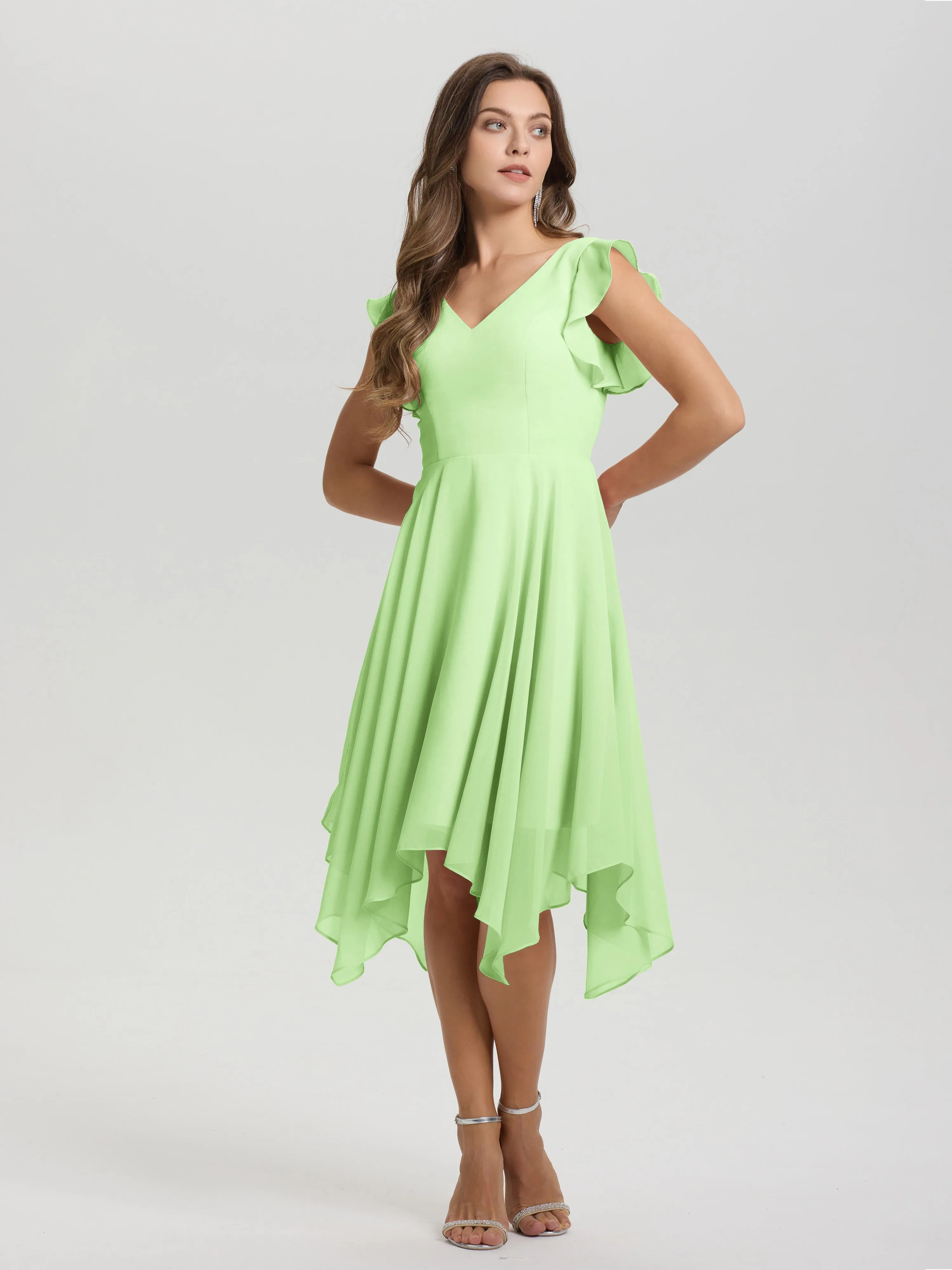 Ruffle Sleeves V-neck Asymmetrical Tea Length Chiffon Bridesmaid Dresses