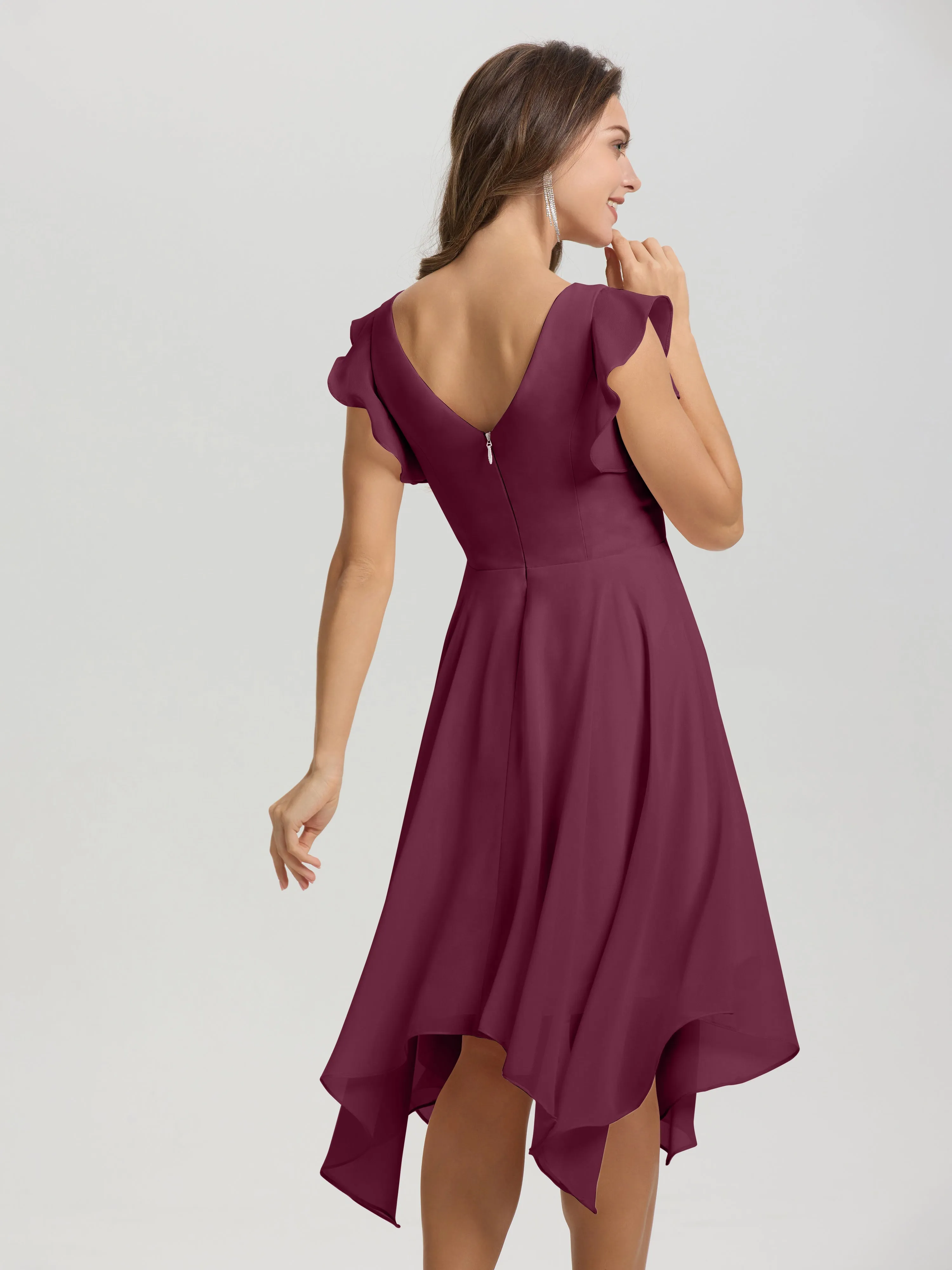 Ruffle Sleeves V-neck Asymmetrical Tea Length Chiffon Bridesmaid Dresses