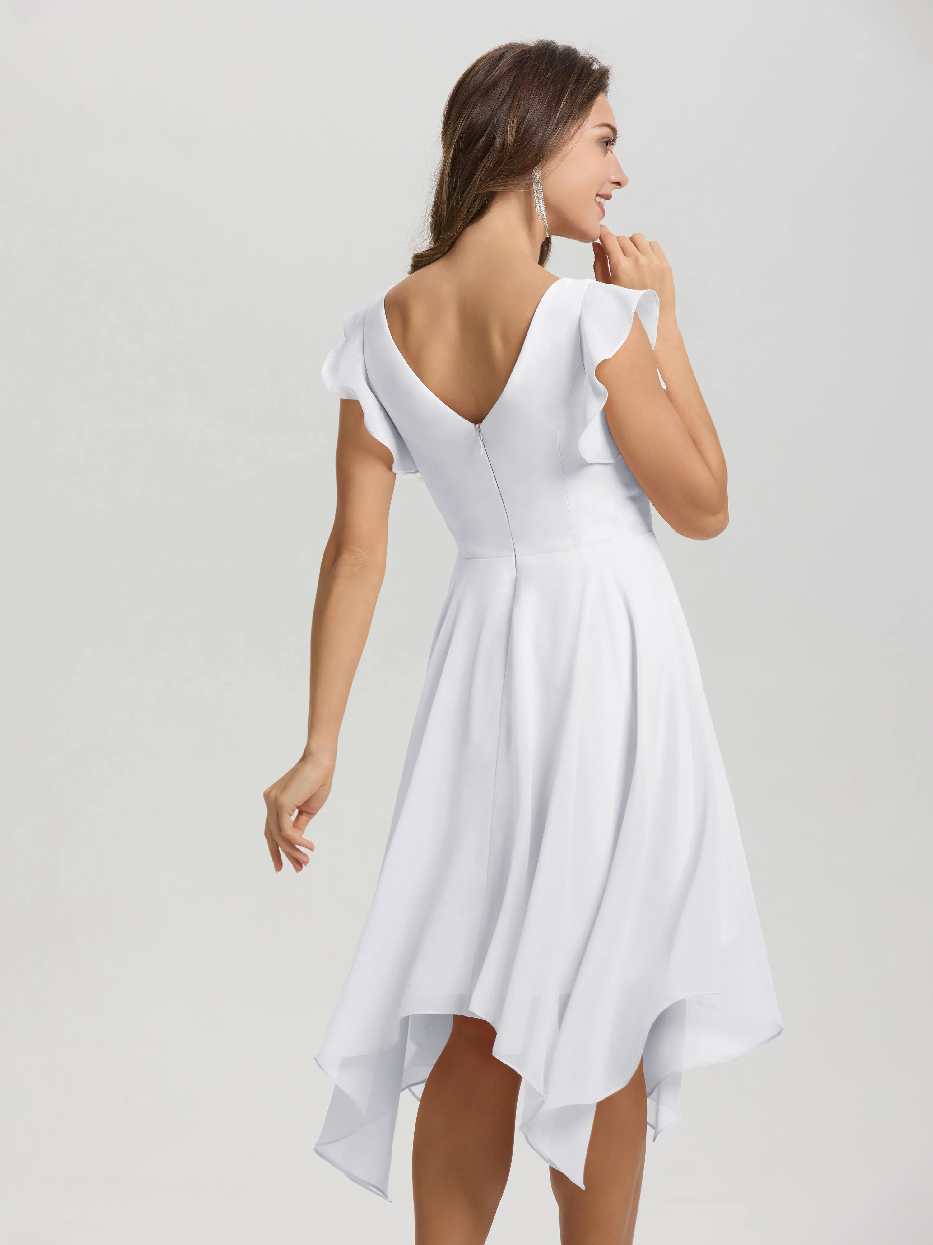 Ruffle Sleeves V-neck Asymmetrical Tea Length Chiffon Bridesmaid Dresses