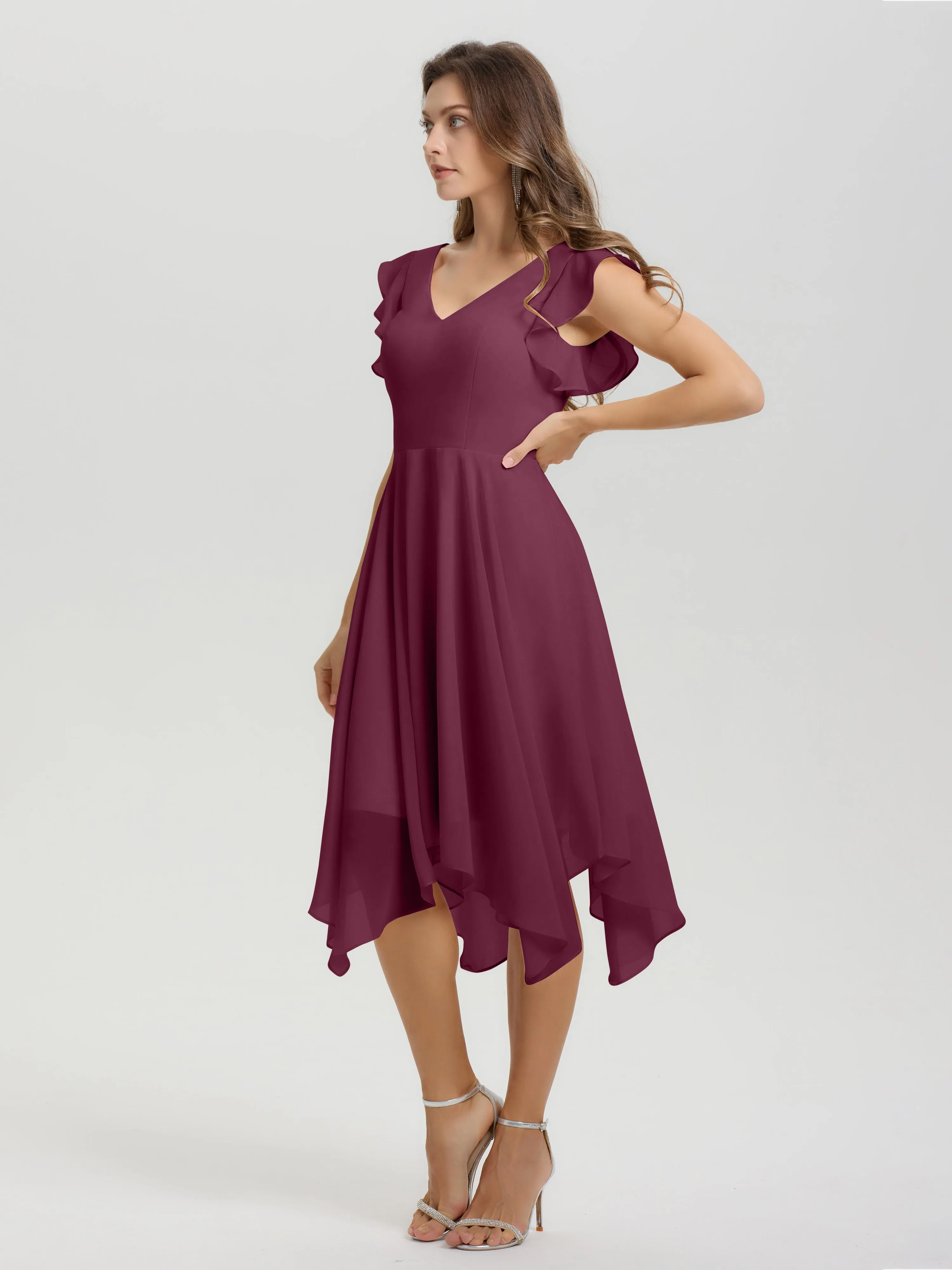 Ruffle Sleeves V-neck Asymmetrical Tea Length Chiffon Bridesmaid Dresses