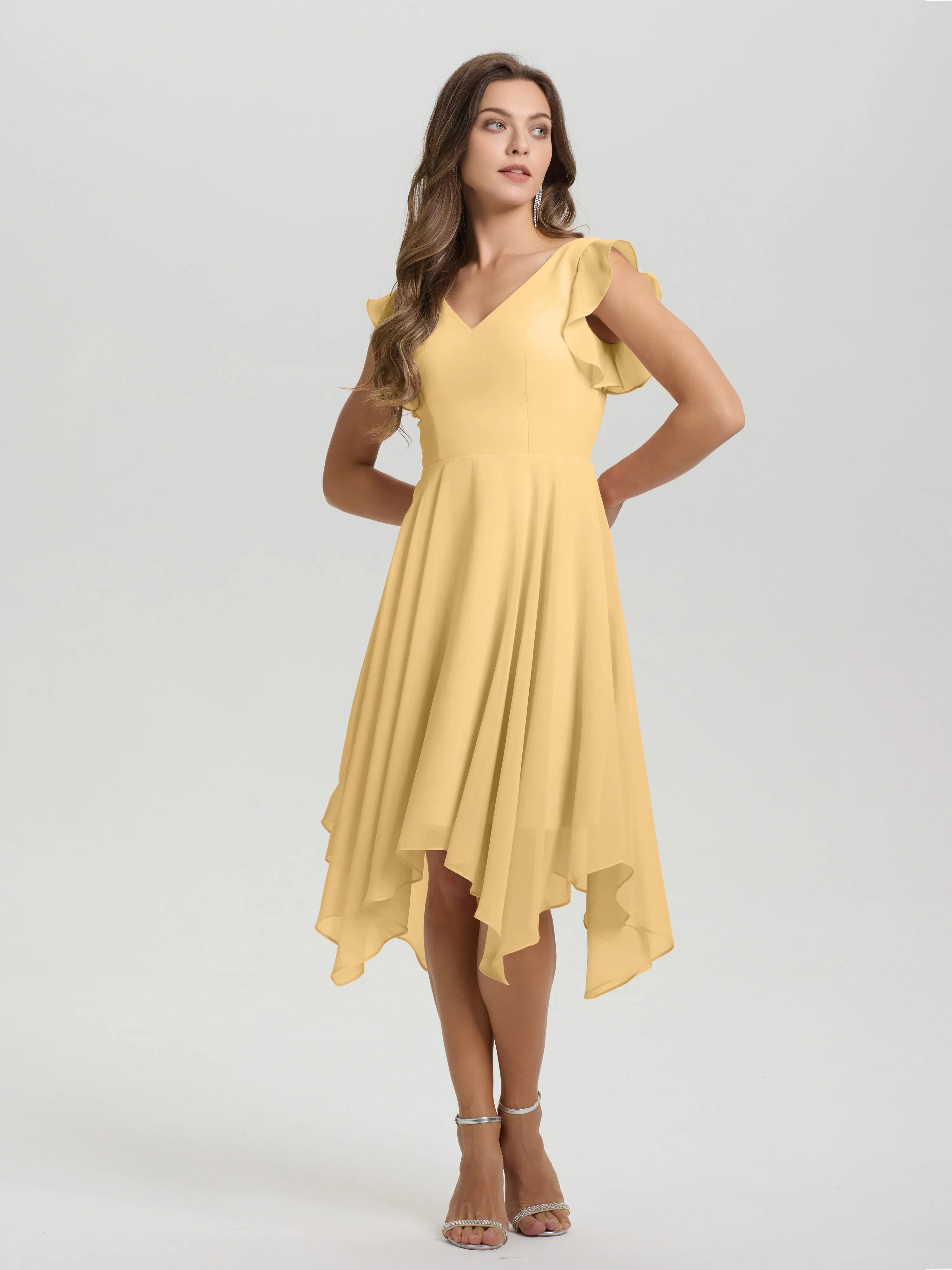 Ruffle Sleeves V-neck Asymmetrical Tea Length Chiffon Bridesmaid Dresses