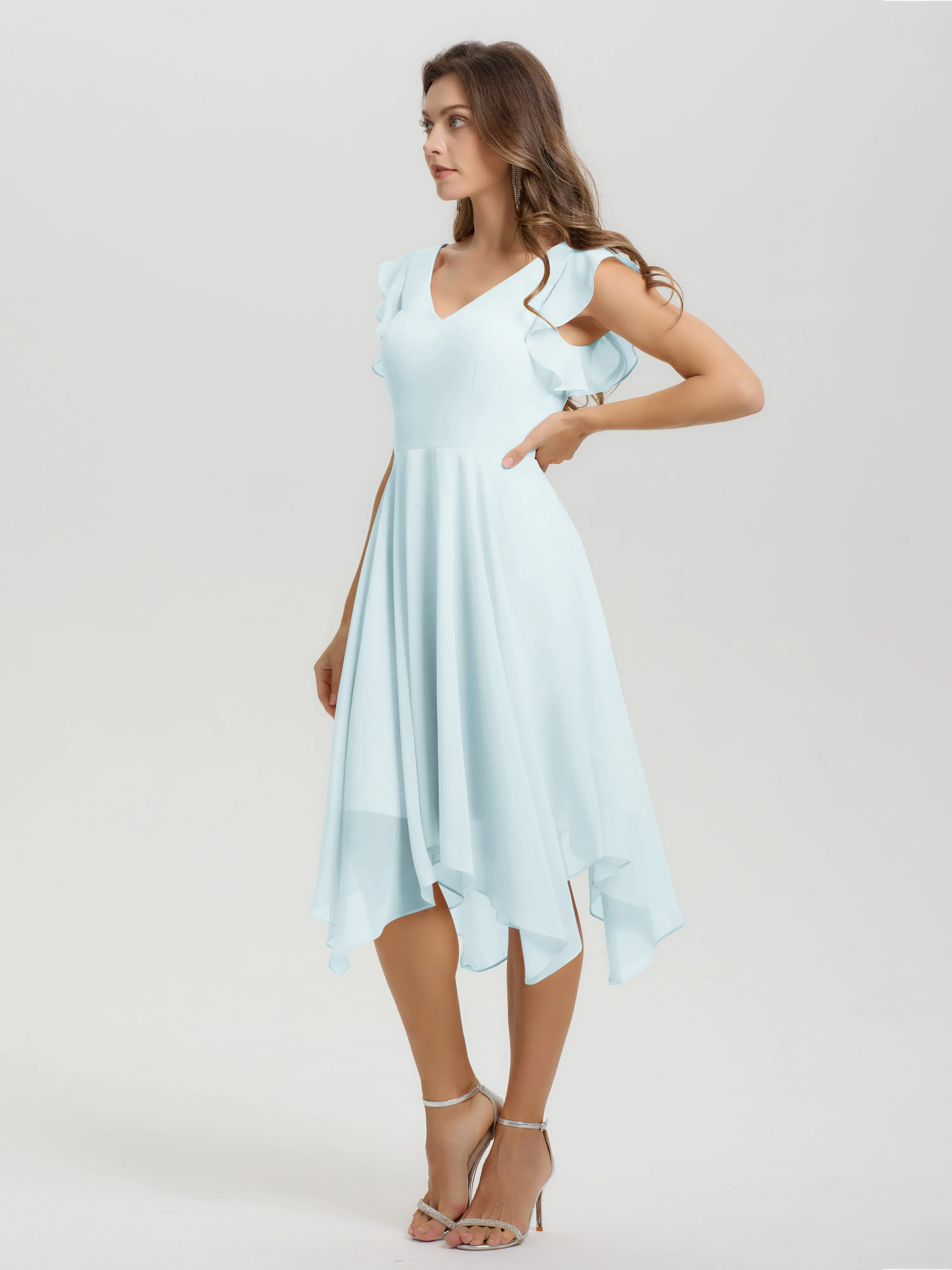 Ruffle Sleeves V-neck Asymmetrical Tea Length Chiffon Bridesmaid Dresses