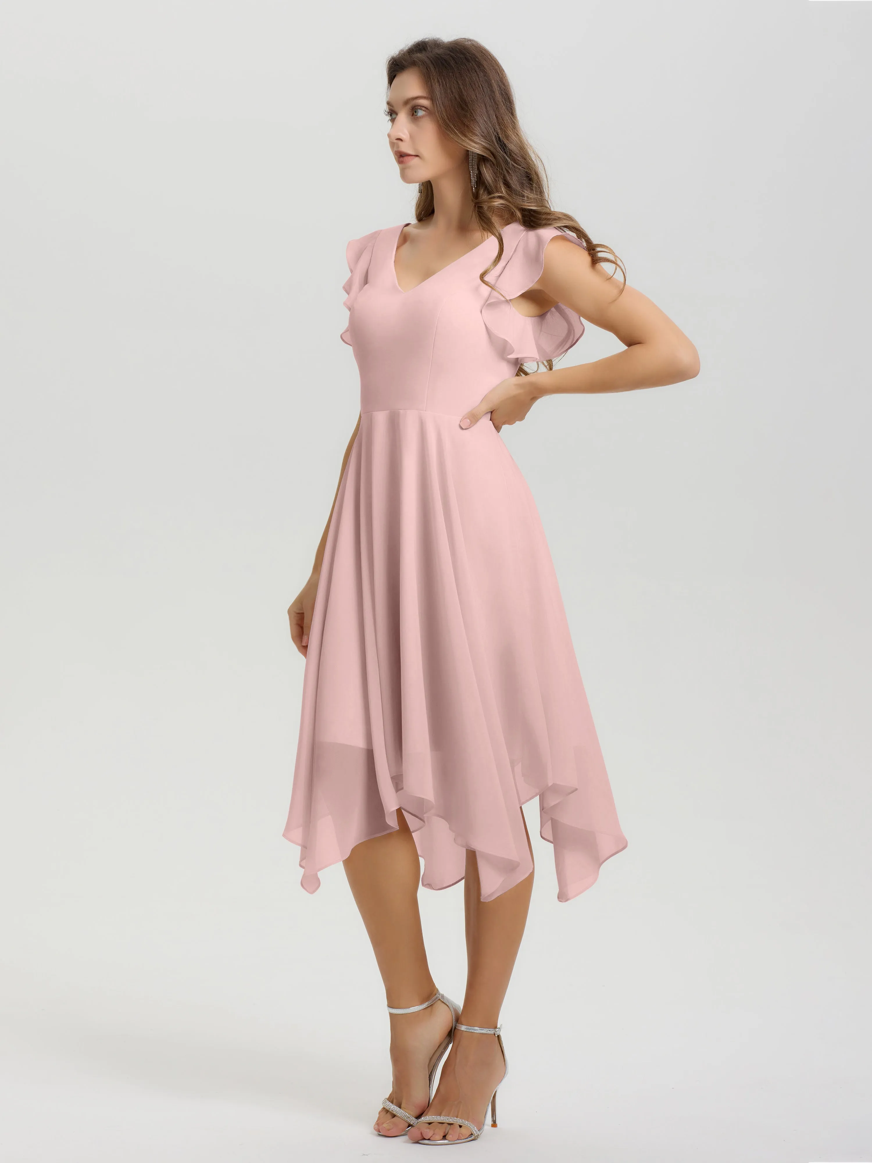 Ruffle Sleeves V-neck Asymmetrical Tea Length Chiffon Bridesmaid Dresses