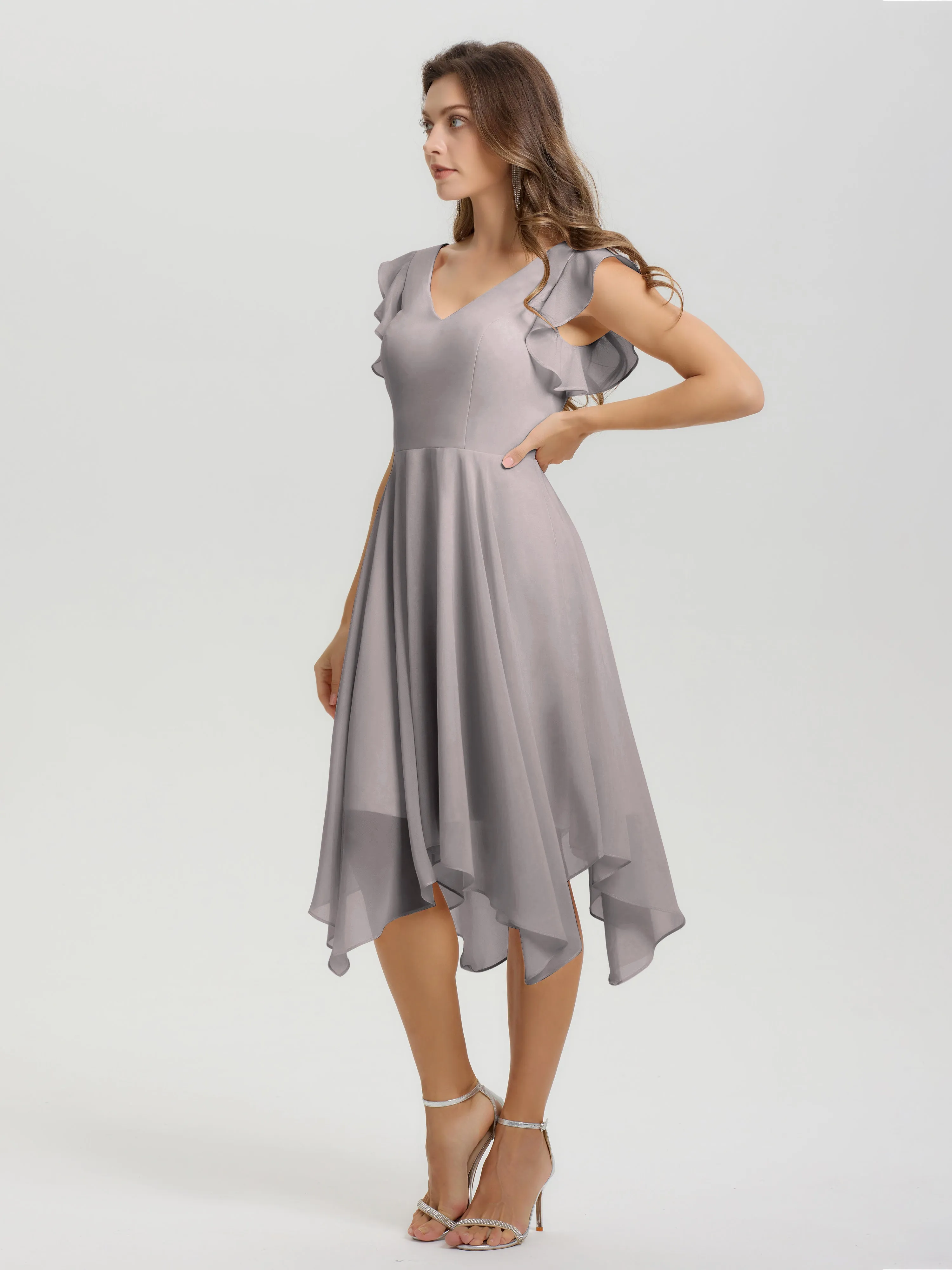 Ruffle Sleeves V-neck Asymmetrical Tea Length Chiffon Bridesmaid Dresses
