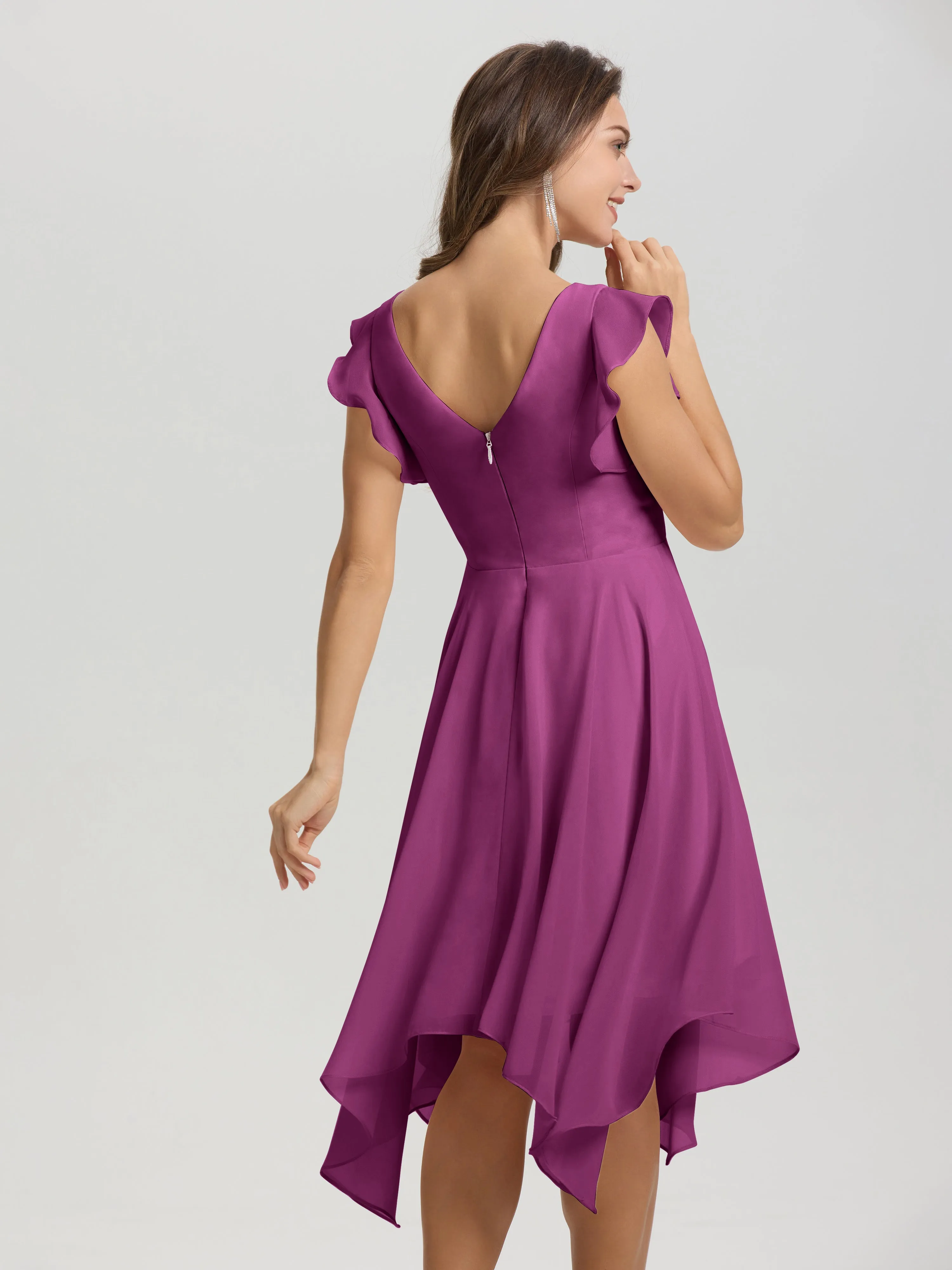 Ruffle Sleeves V-neck Asymmetrical Tea Length Chiffon Bridesmaid Dresses