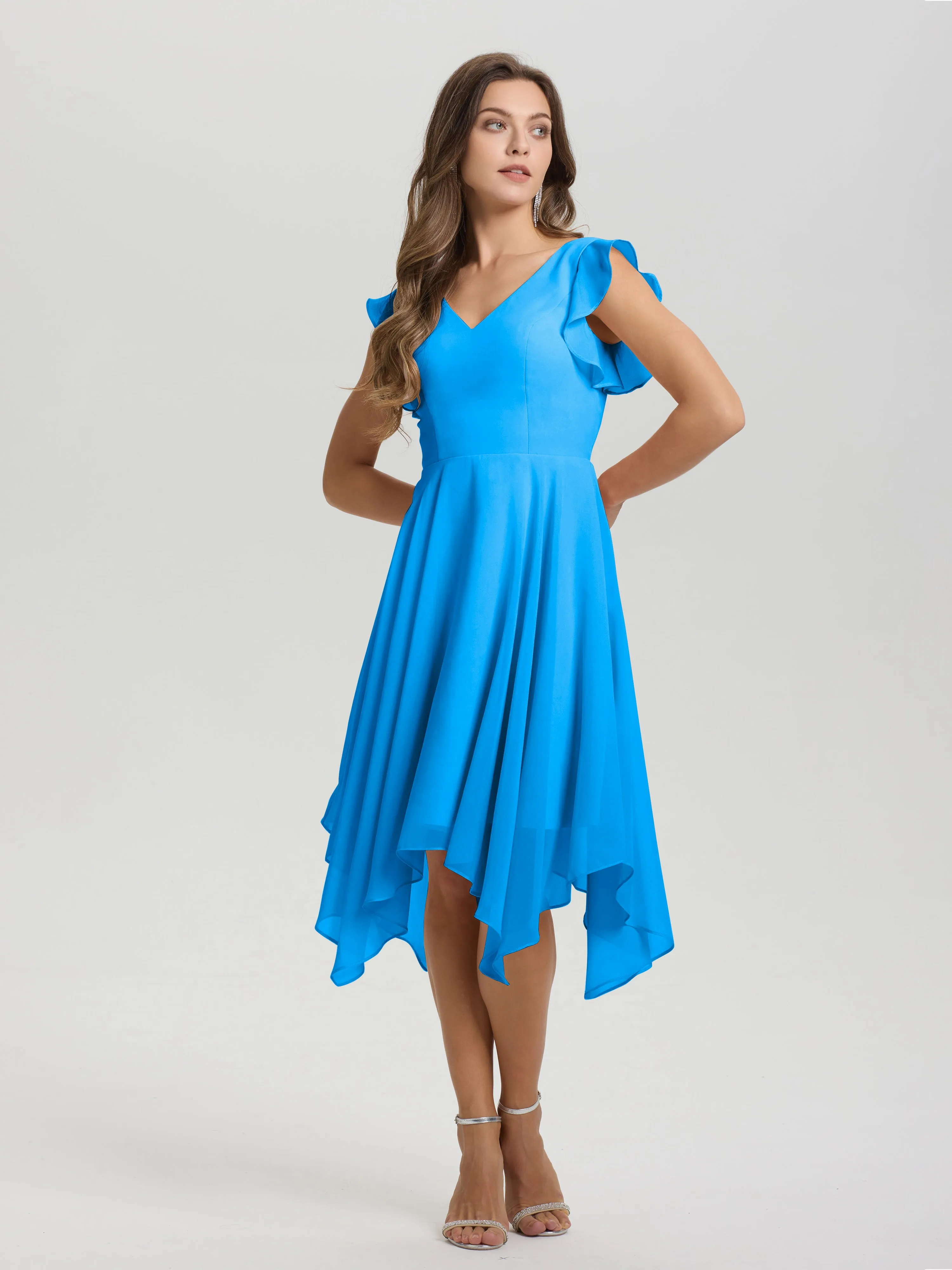 Ruffle Sleeves V-neck Asymmetrical Tea Length Chiffon Bridesmaid Dresses