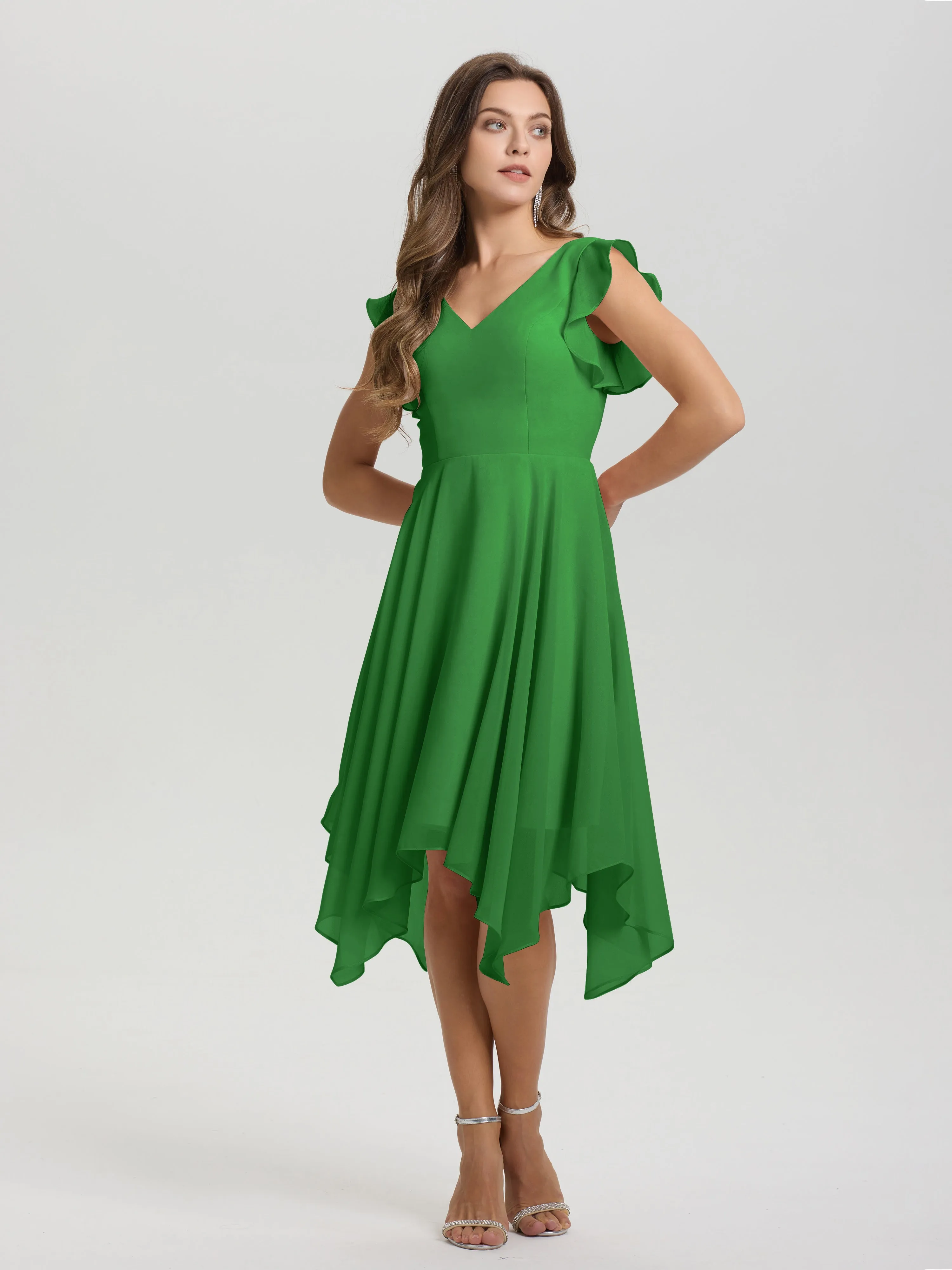 Ruffle Sleeves V-neck Asymmetrical Tea Length Chiffon Bridesmaid Dresses