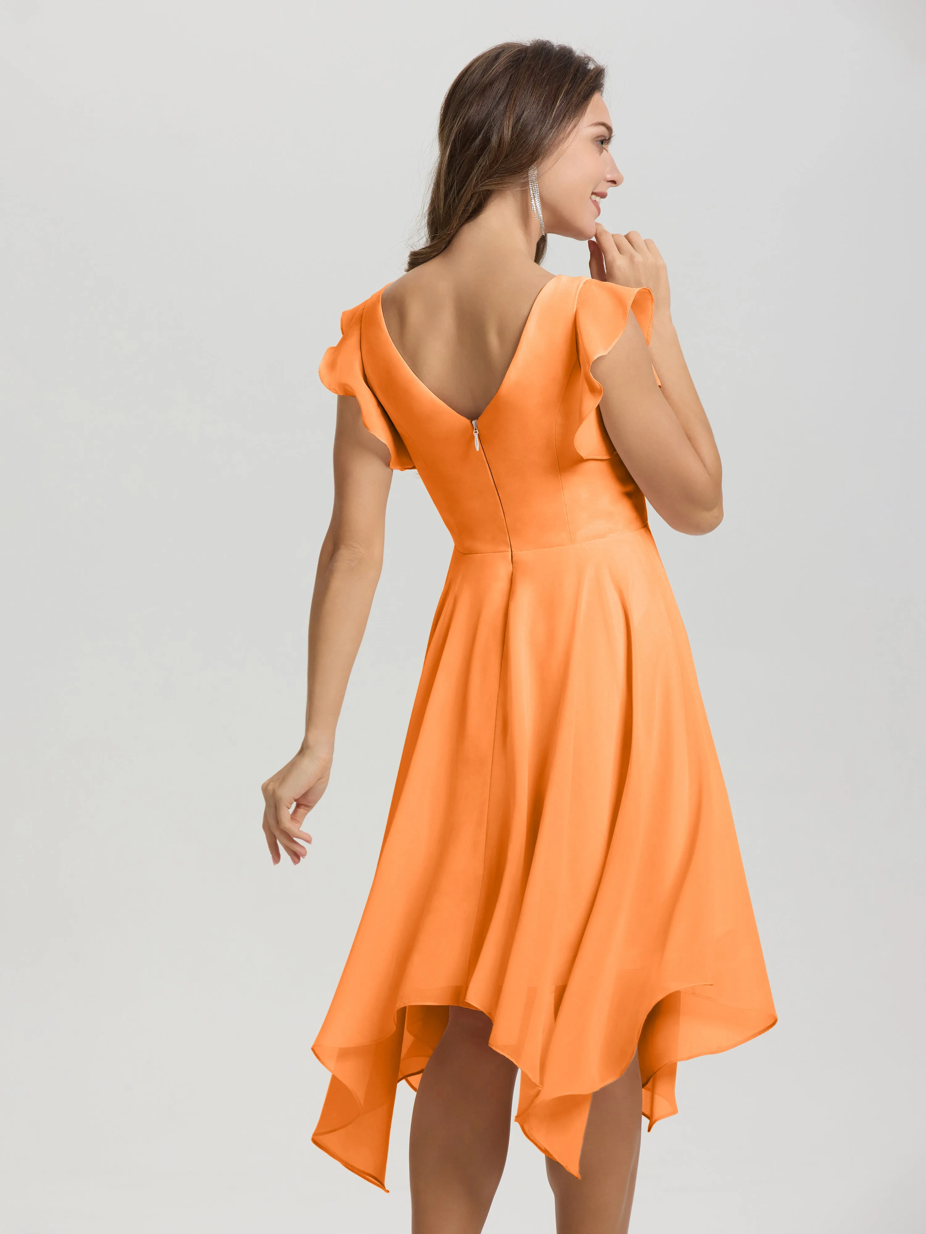 Ruffle Sleeves V-neck Asymmetrical Tea Length Chiffon Bridesmaid Dresses